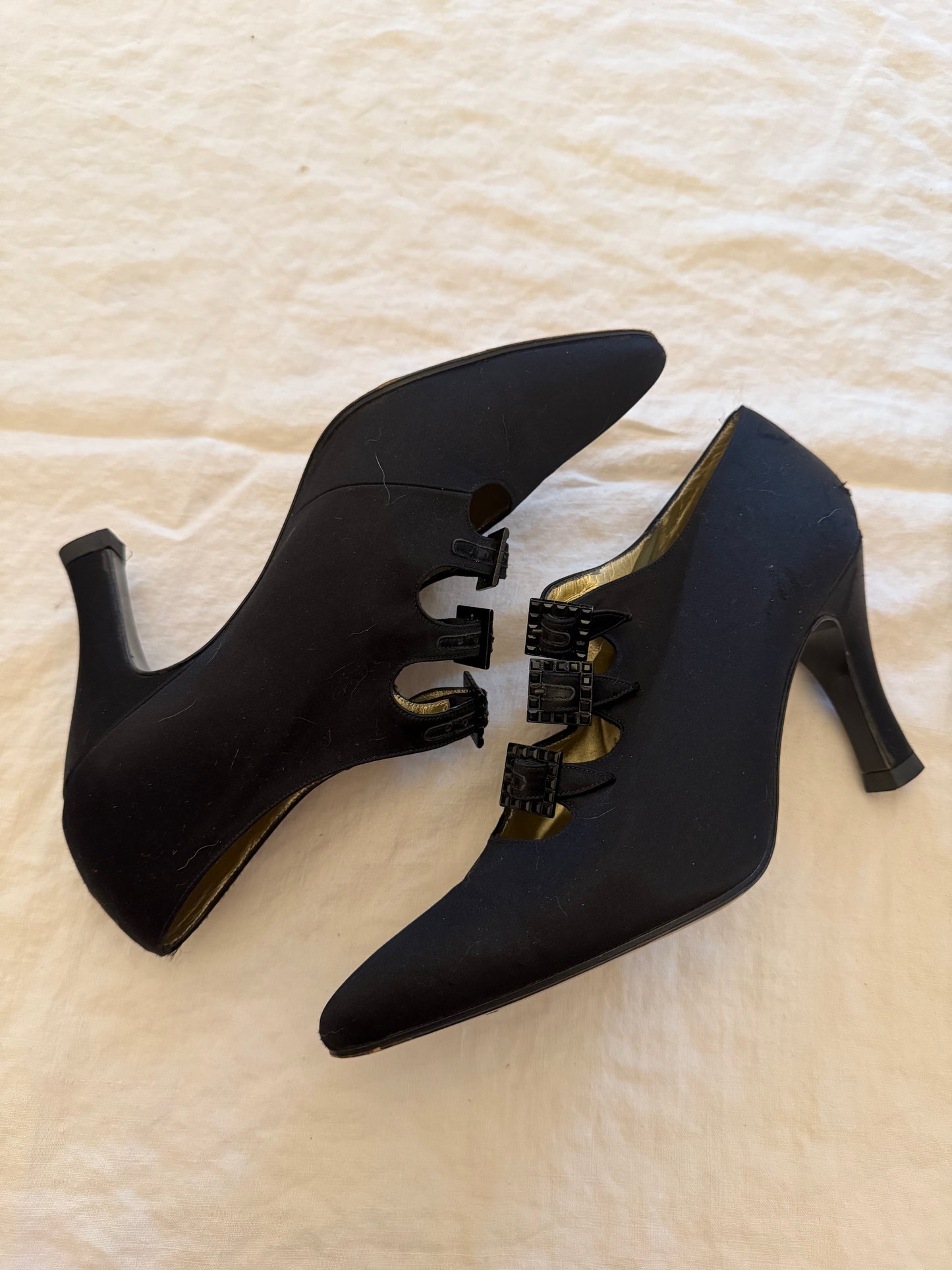 1980s Bottega Veneta Black Silk Pumps 7.5