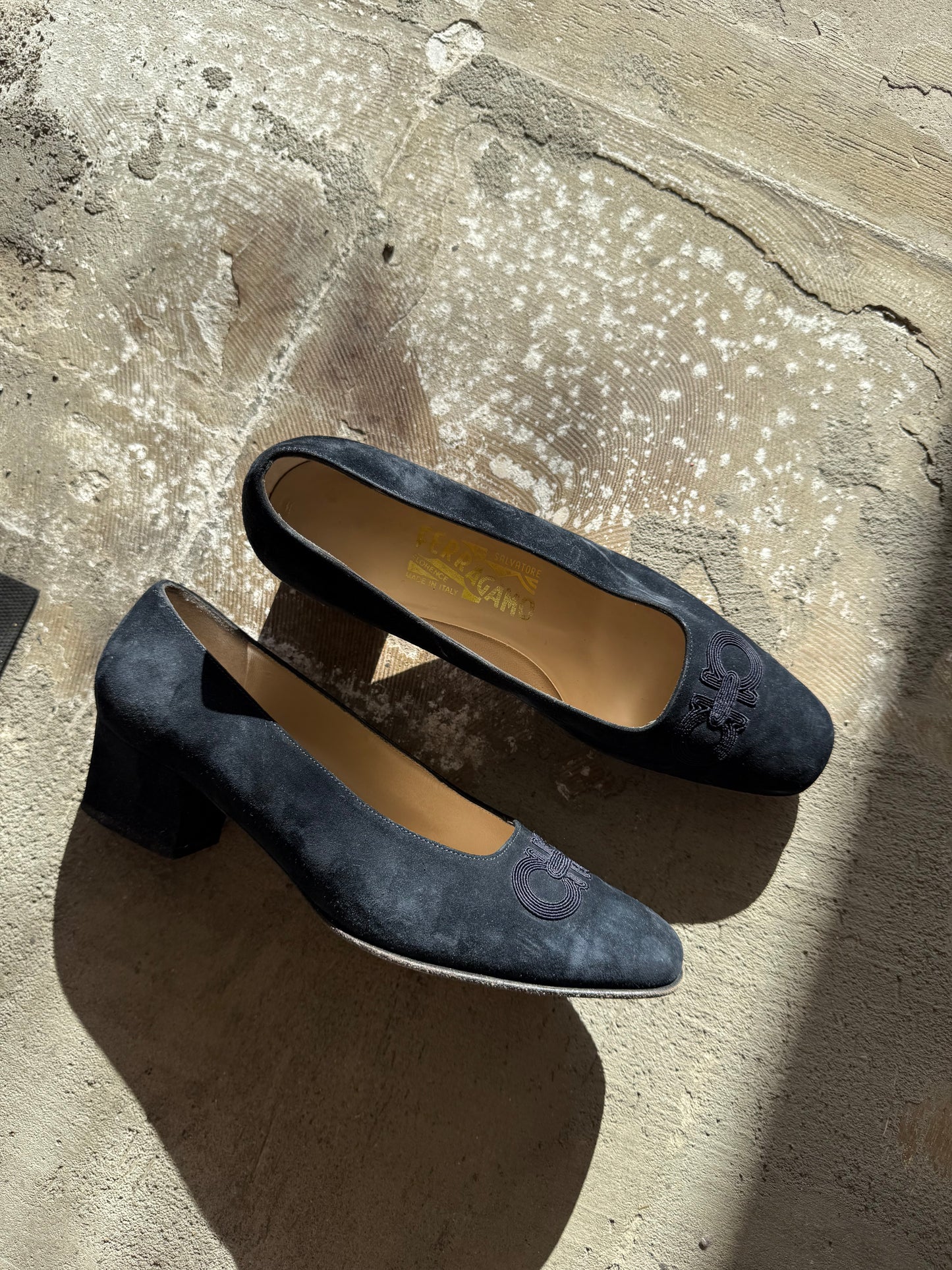 Incredible Ferragamo Suede Horsebit Embroidered Pumps