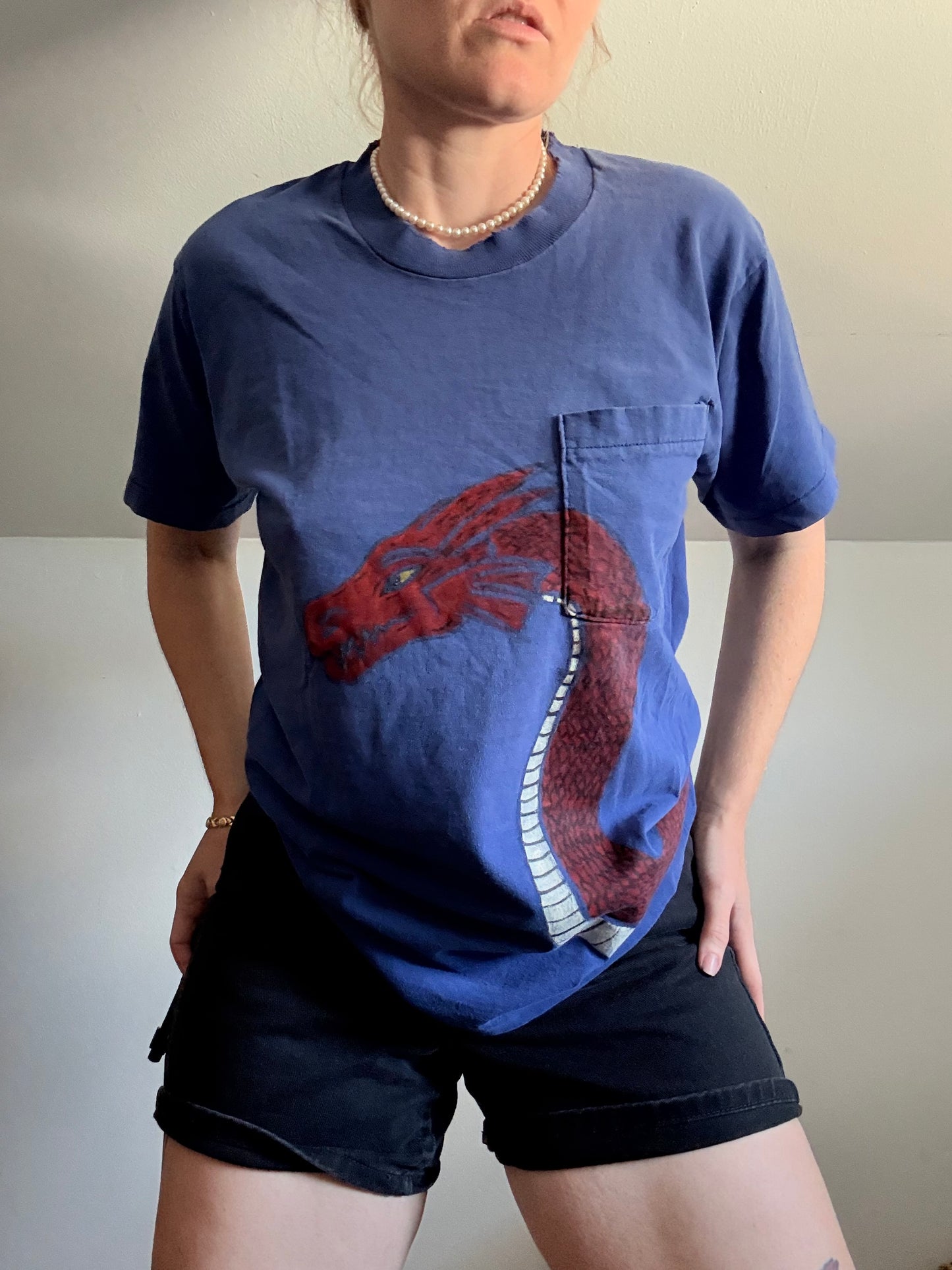 1980s Hand Painted Dragon Pocket Tee S-L