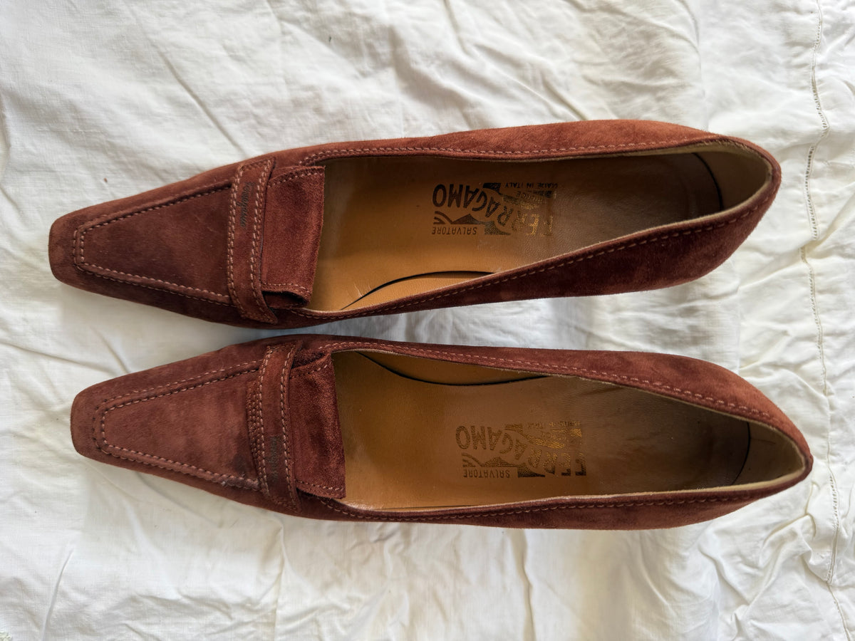 Vintage Rust Brown Ferragamo Suede Leather Pumps 7.5