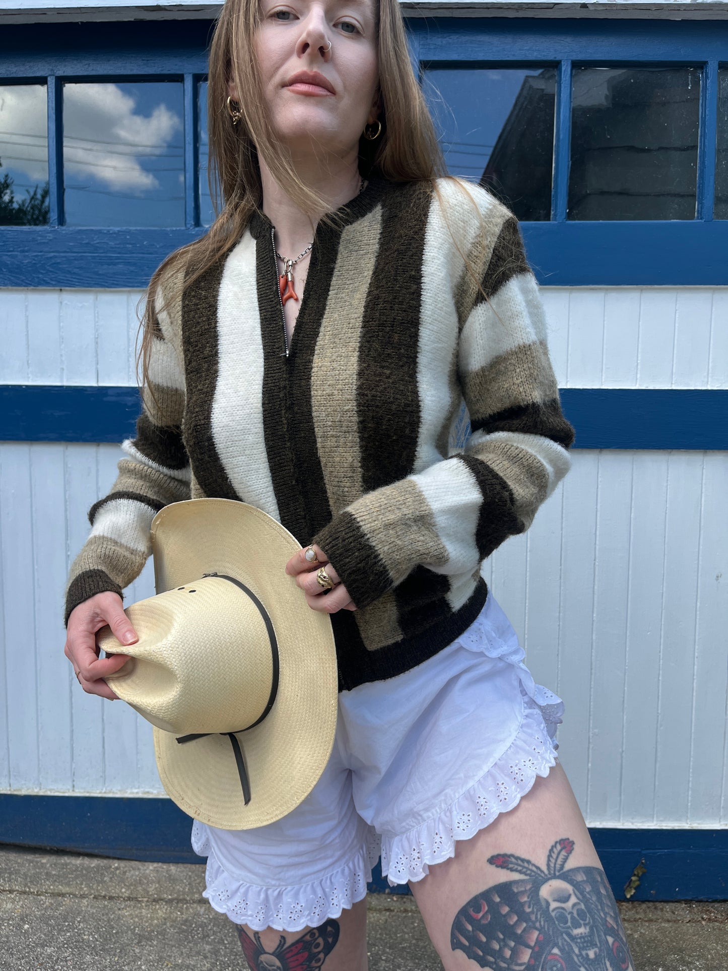 Vintage 1960s Brown Thick Striped Zip Up Shaggy Sweater