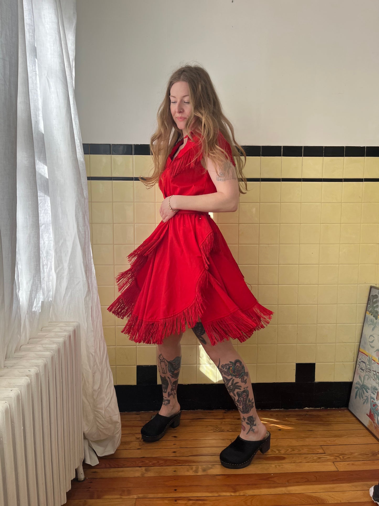 1980s Red Fringe Cowgirl Dress