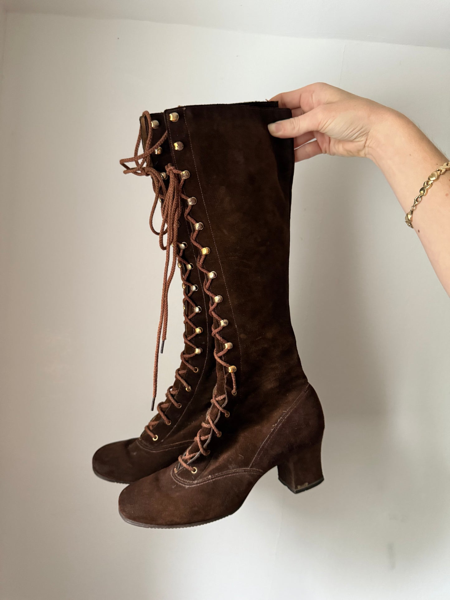 1970s Lace Up Tall Brown Boots 6