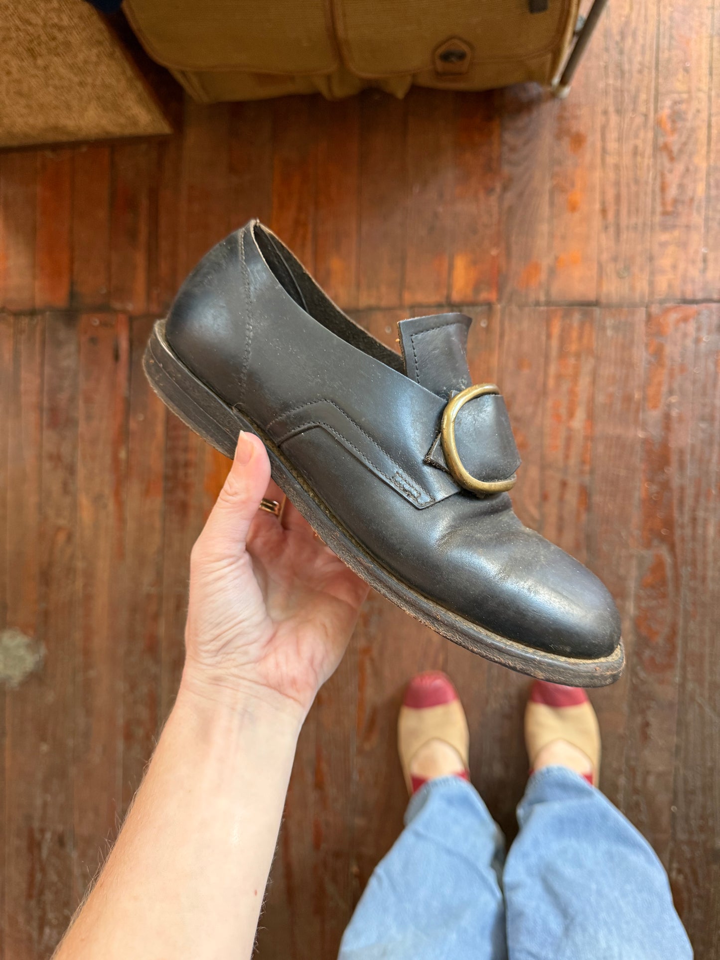Vintage Leather Shoes With Brass Buckles