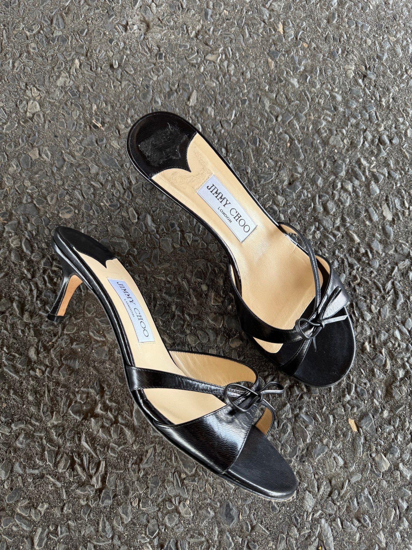 Jimmy Choo Black Leather Kitten Heels with Bow 37.5 & Silk and Wooden Vintage Heels 9