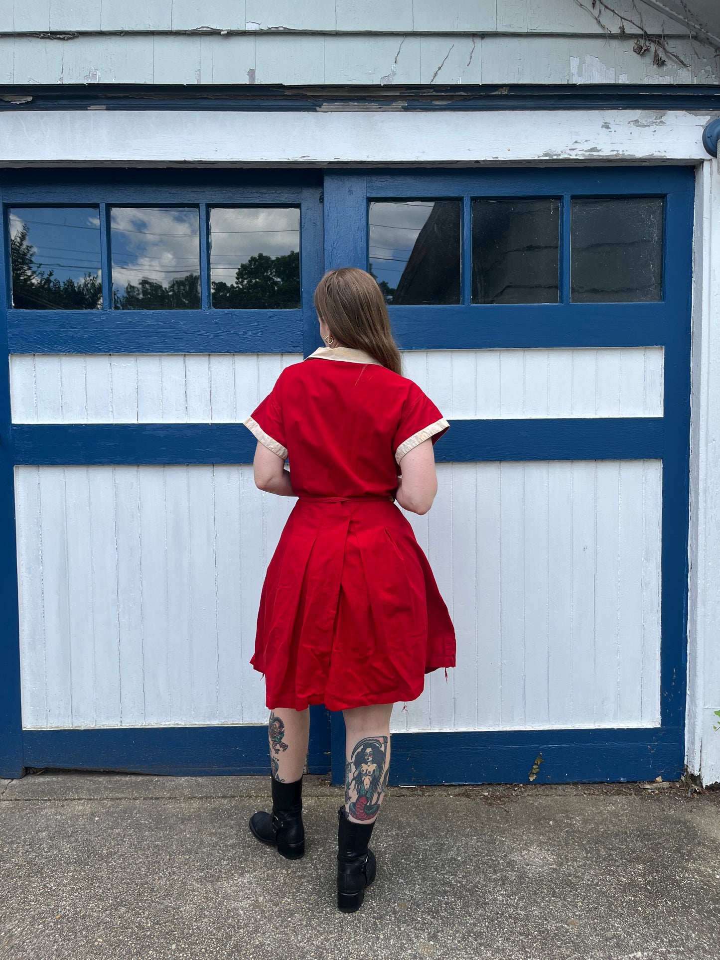 Vintage 1940s Red Cotton Embroidered Gym Romper with Shorts XL