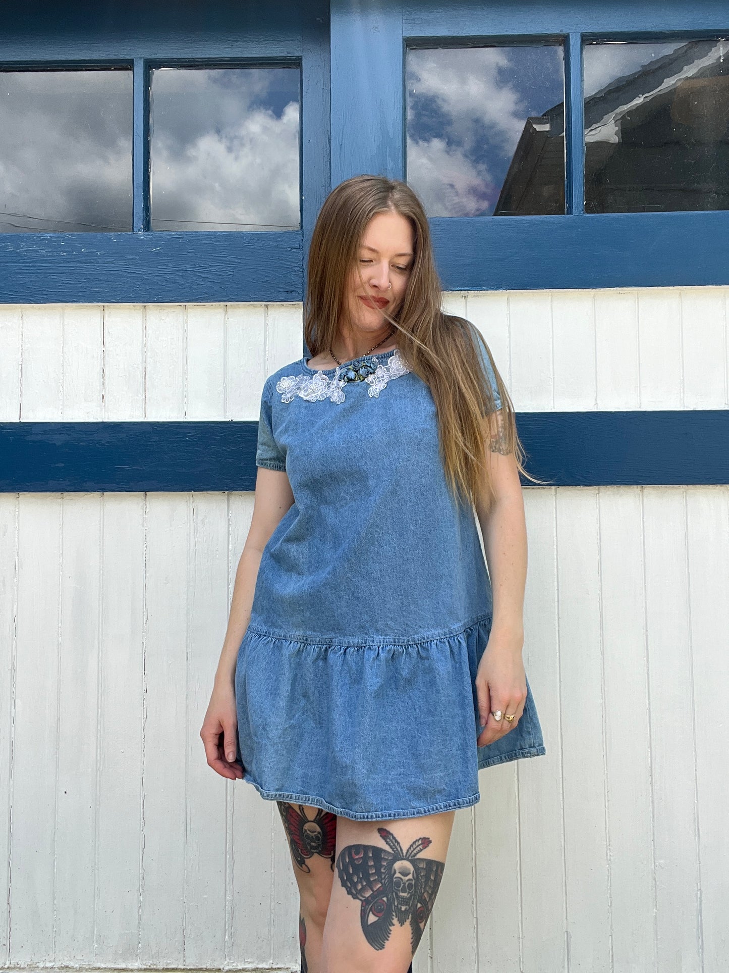 Vintage 1980s Babydoll Denim Dress with Lace