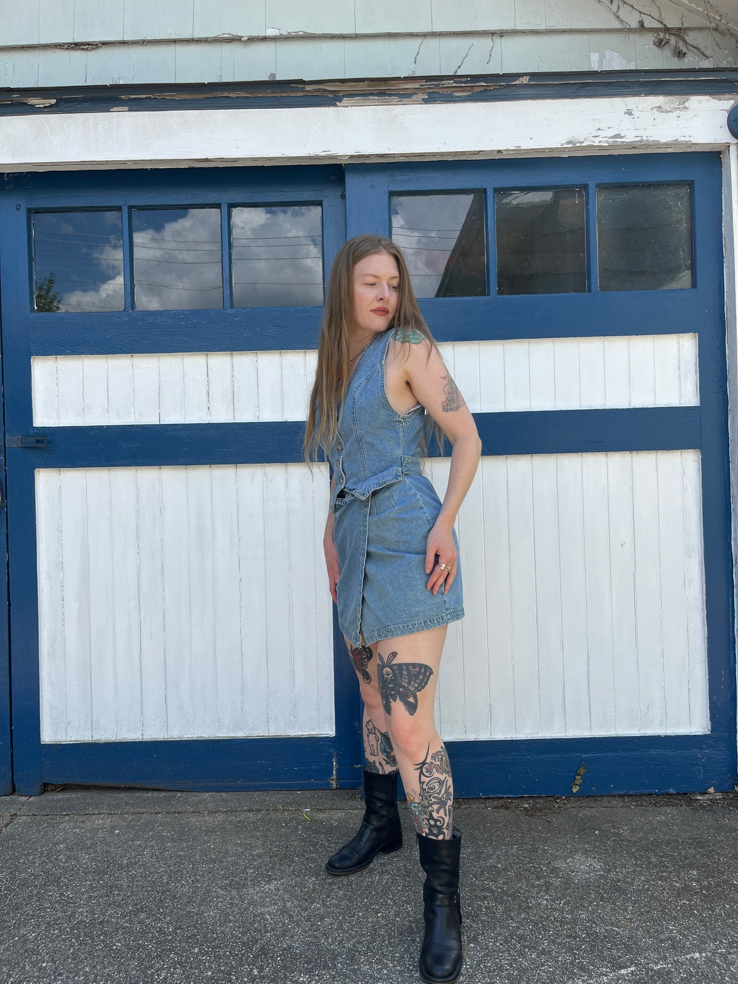 Vintage 1990s Denim Skirt and Vest Combined Set