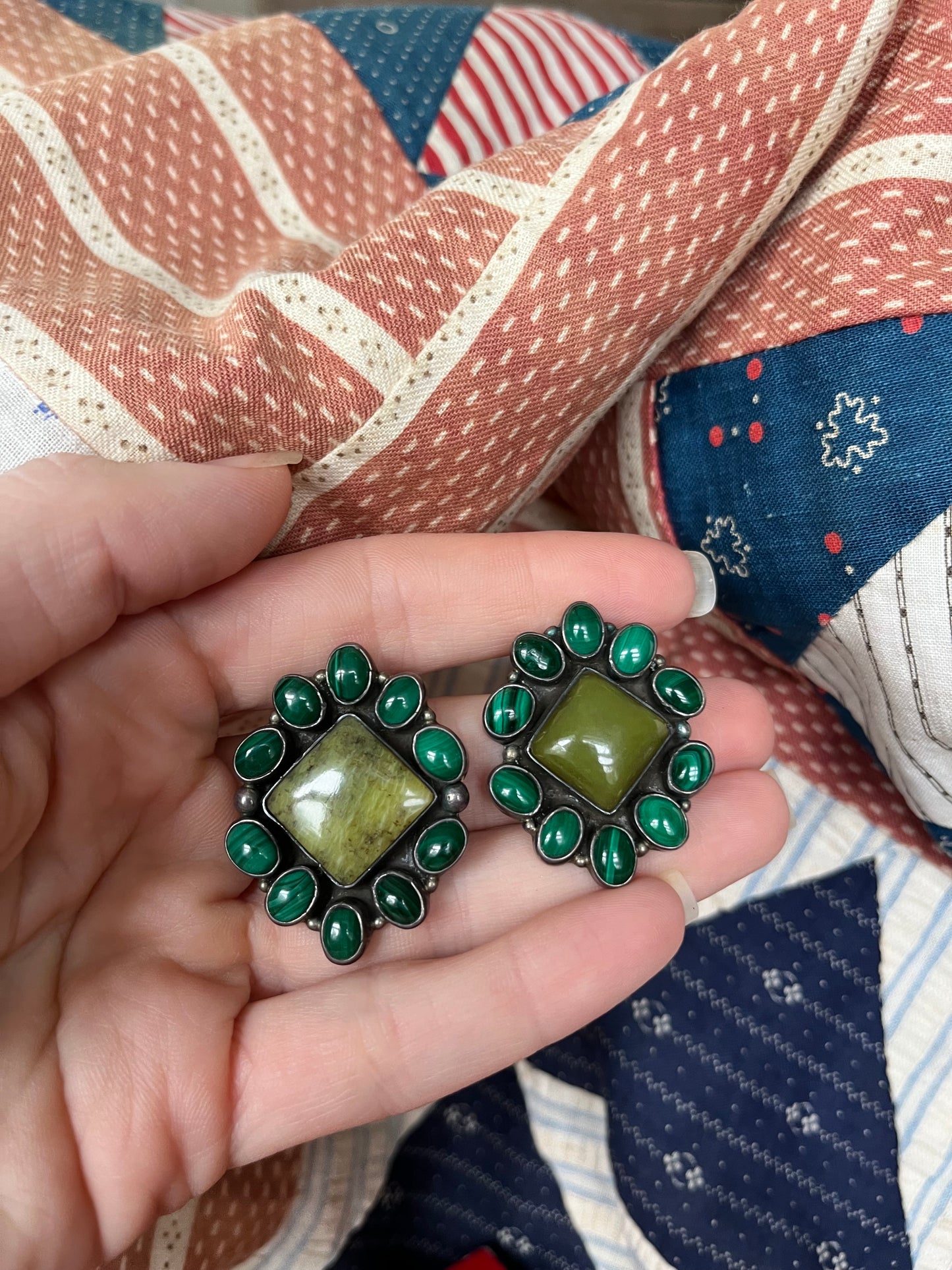 Vintage Malachite & Turquoise Silver Earrings