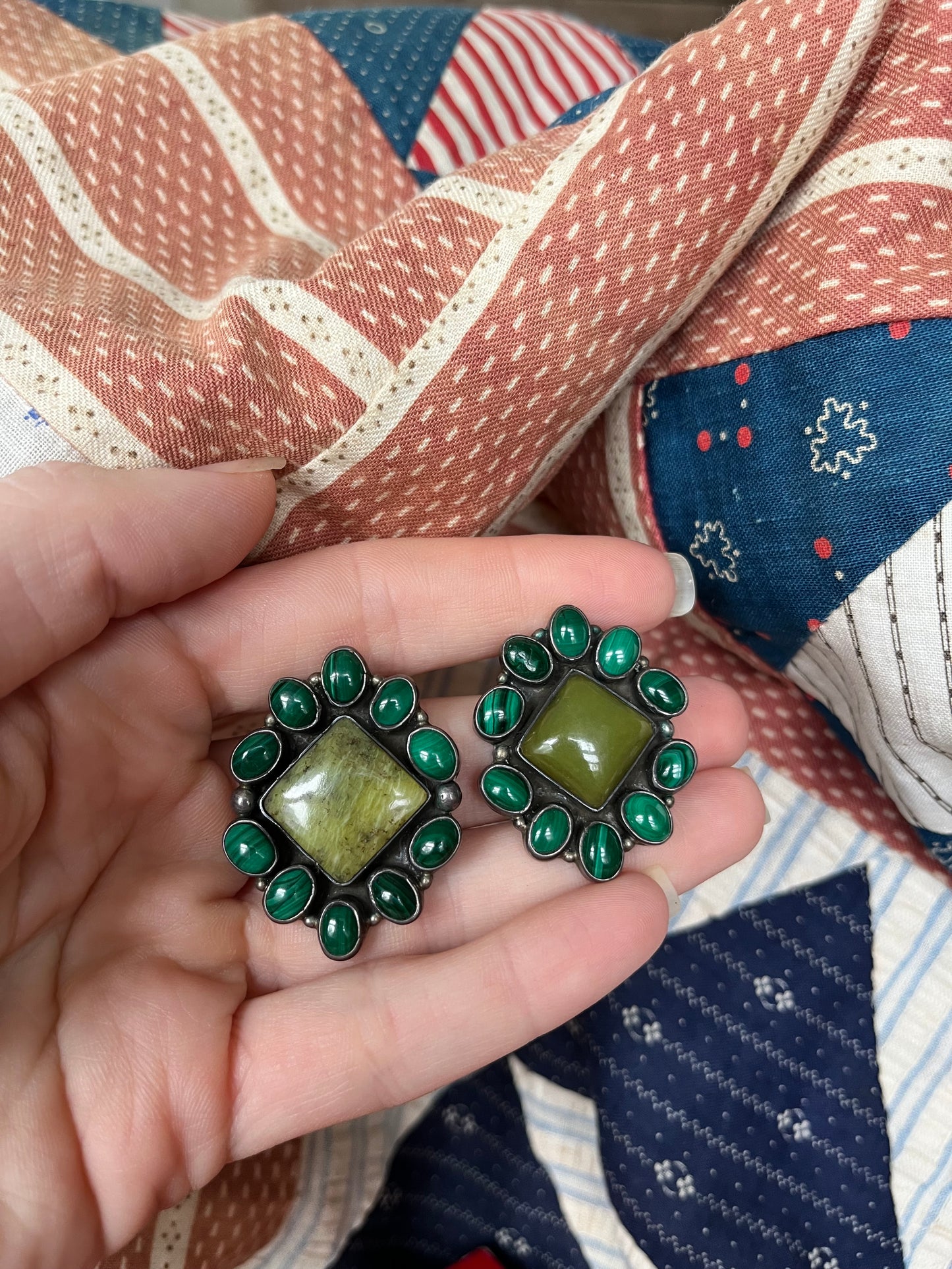 Vintage Malachite & Turquoise Silver Earrings