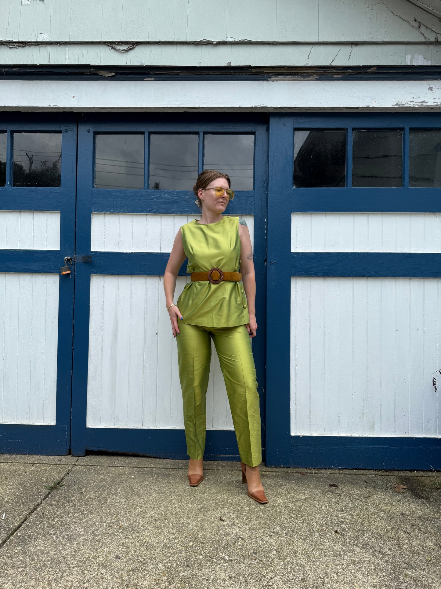 100% Silk Green 2 Piece Set 1990s