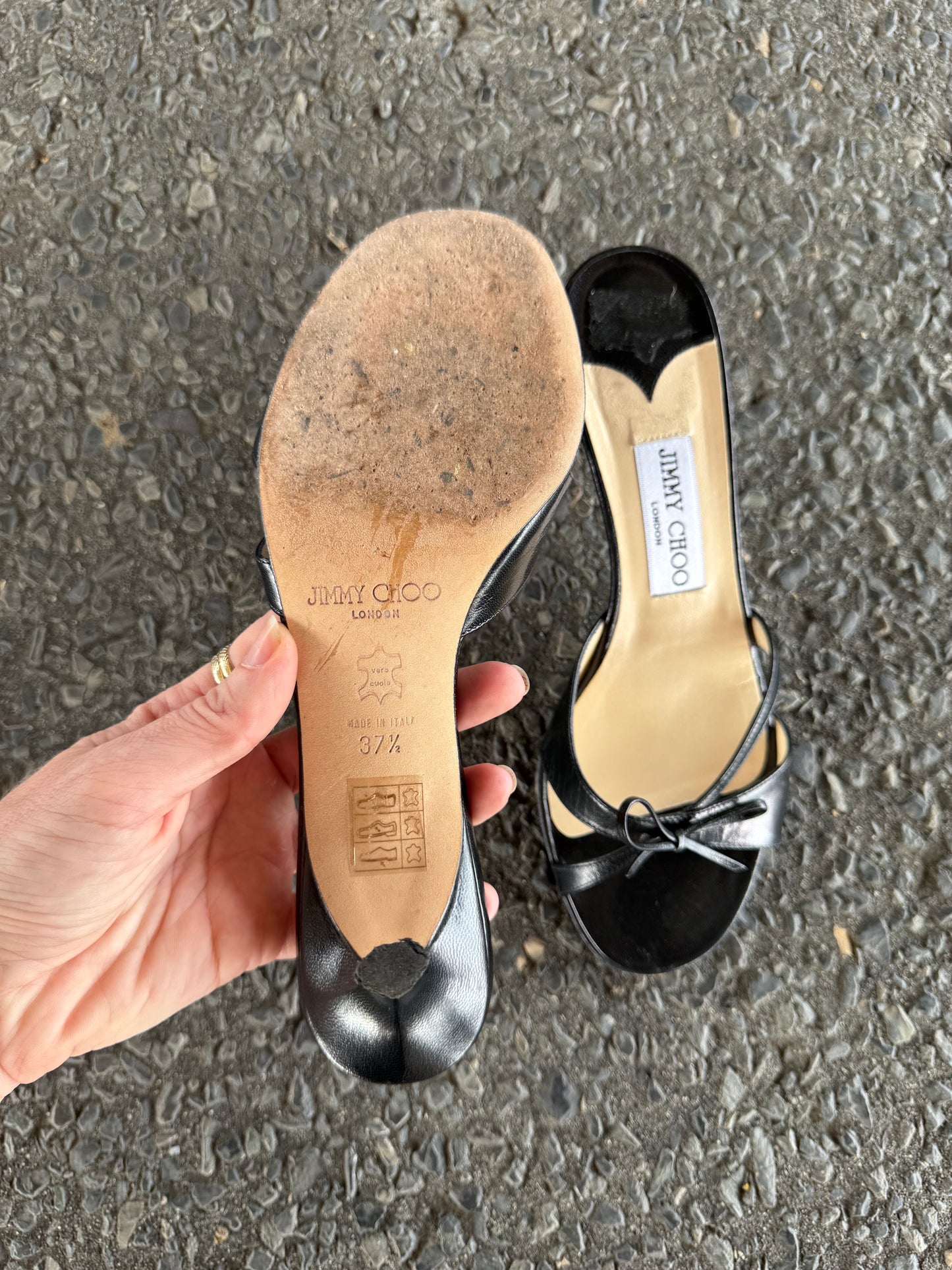 Jimmy Choo Black Leather Kitten Heels with Bow 37.5 & Silk and Wooden Vintage Heels 9