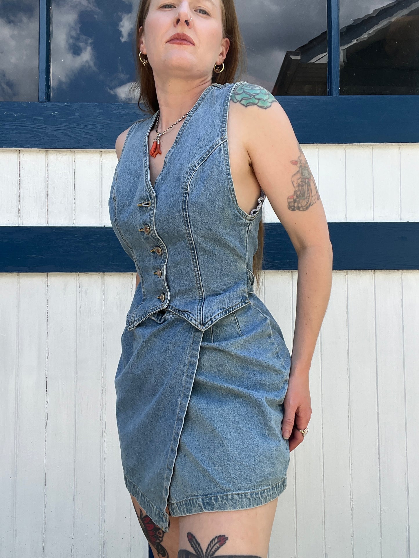 Vintage 1990s Denim Skirt and Vest Combined Set
