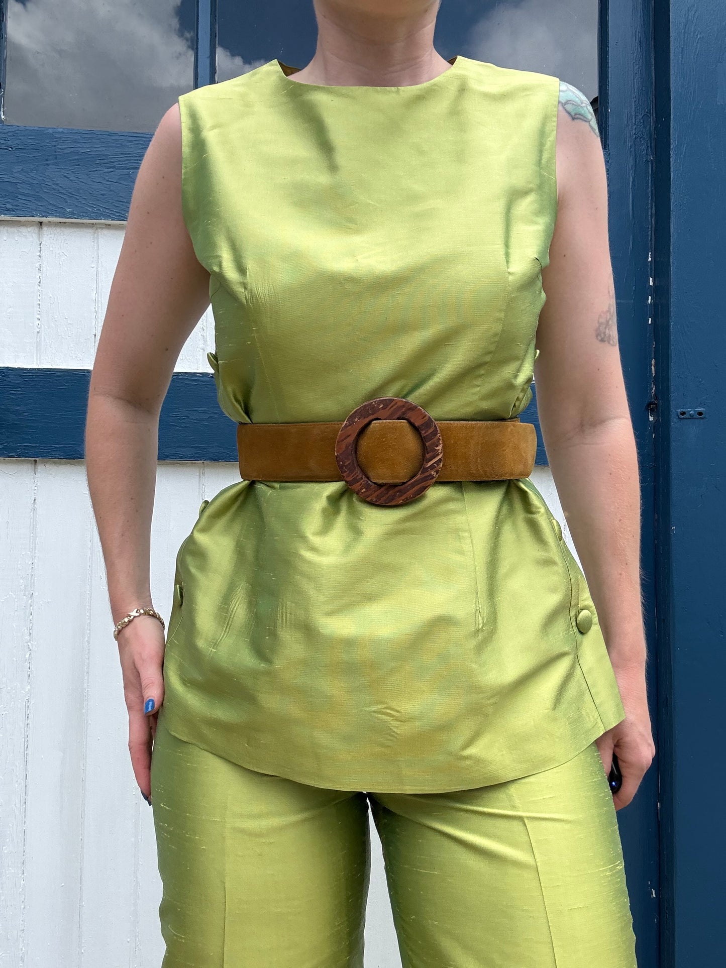 100% Silk Green 2 Piece Set 1990s