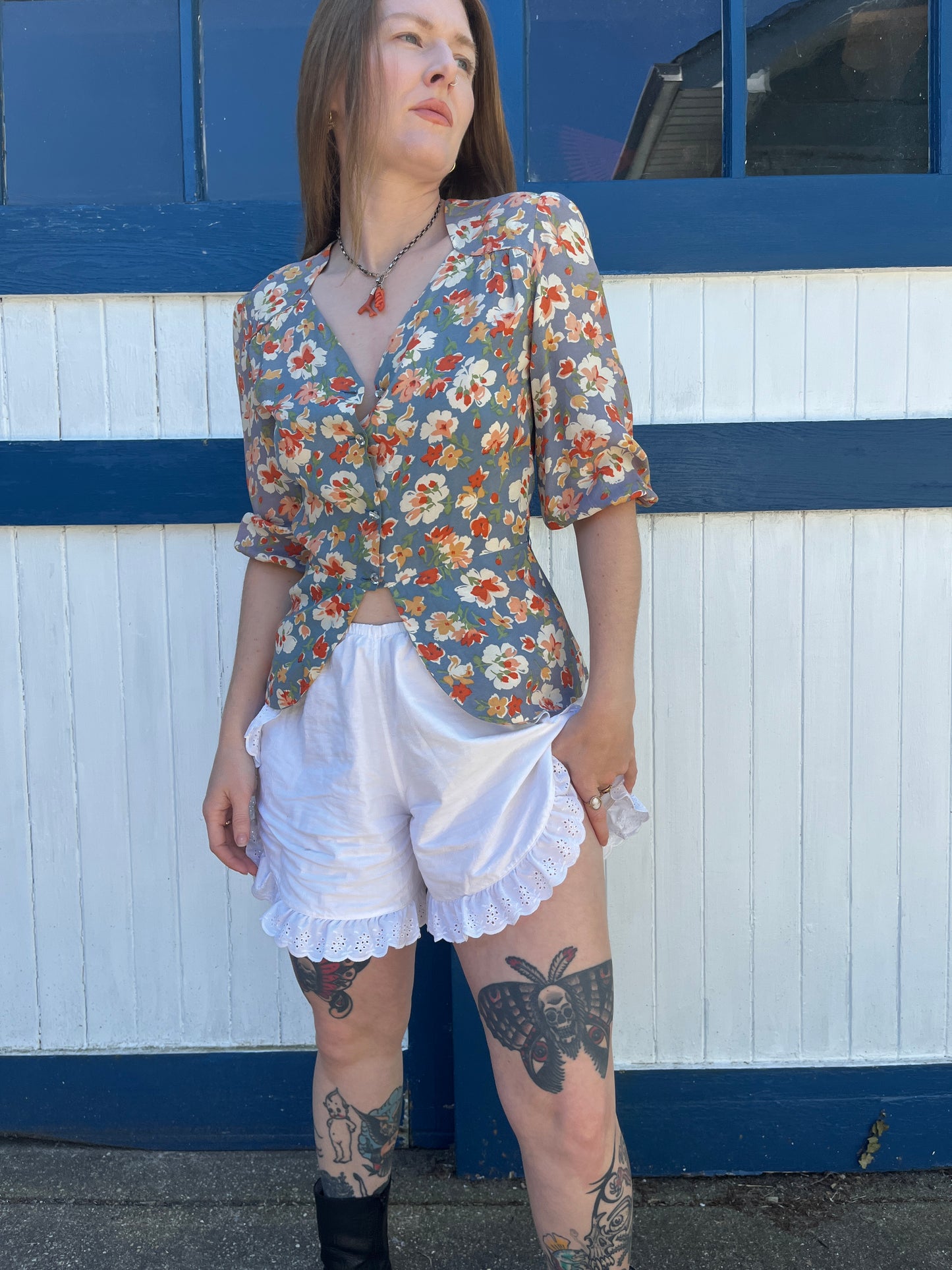 1940s Floral Rayon Peplum Style Blouse