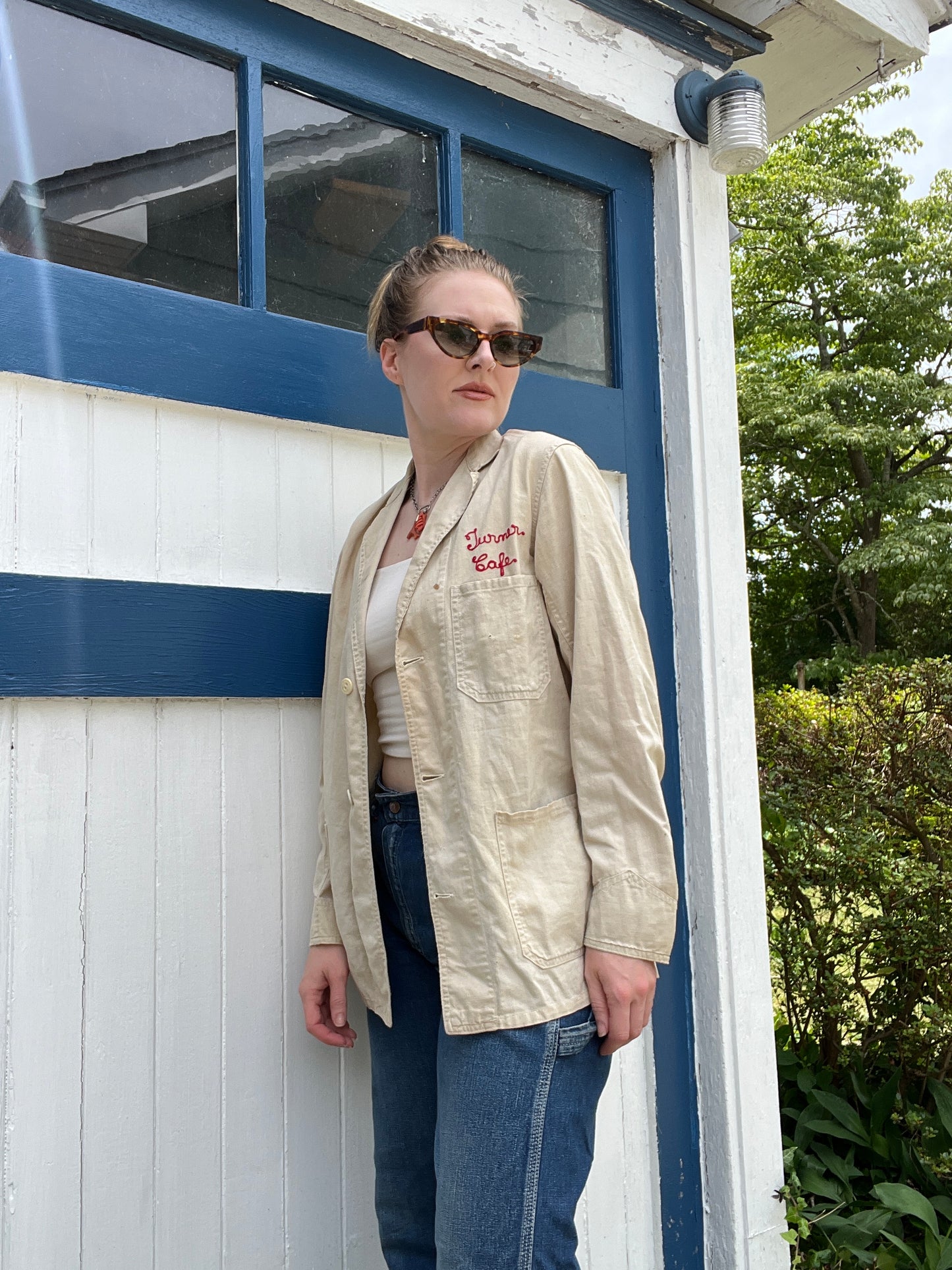 Antique 1930s Linen Button Up Jacket Chainstitched