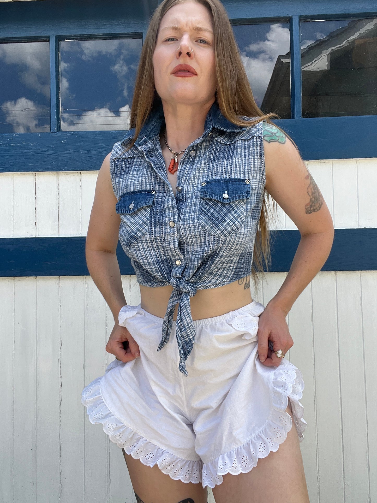 Vintage 1980s Western Wear Cropped Blue Plaid Tie Up Blouse