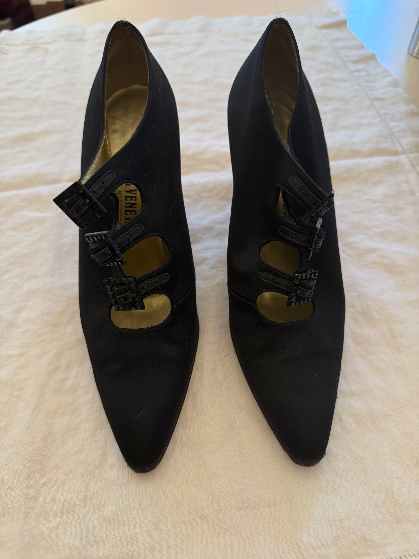 1980s Bottega Veneta Black Silk Pumps 7.5