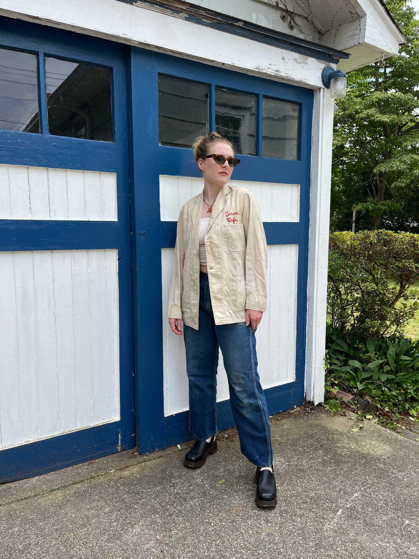 Antique 1930s Linen Button Up Jacket Chainstitched