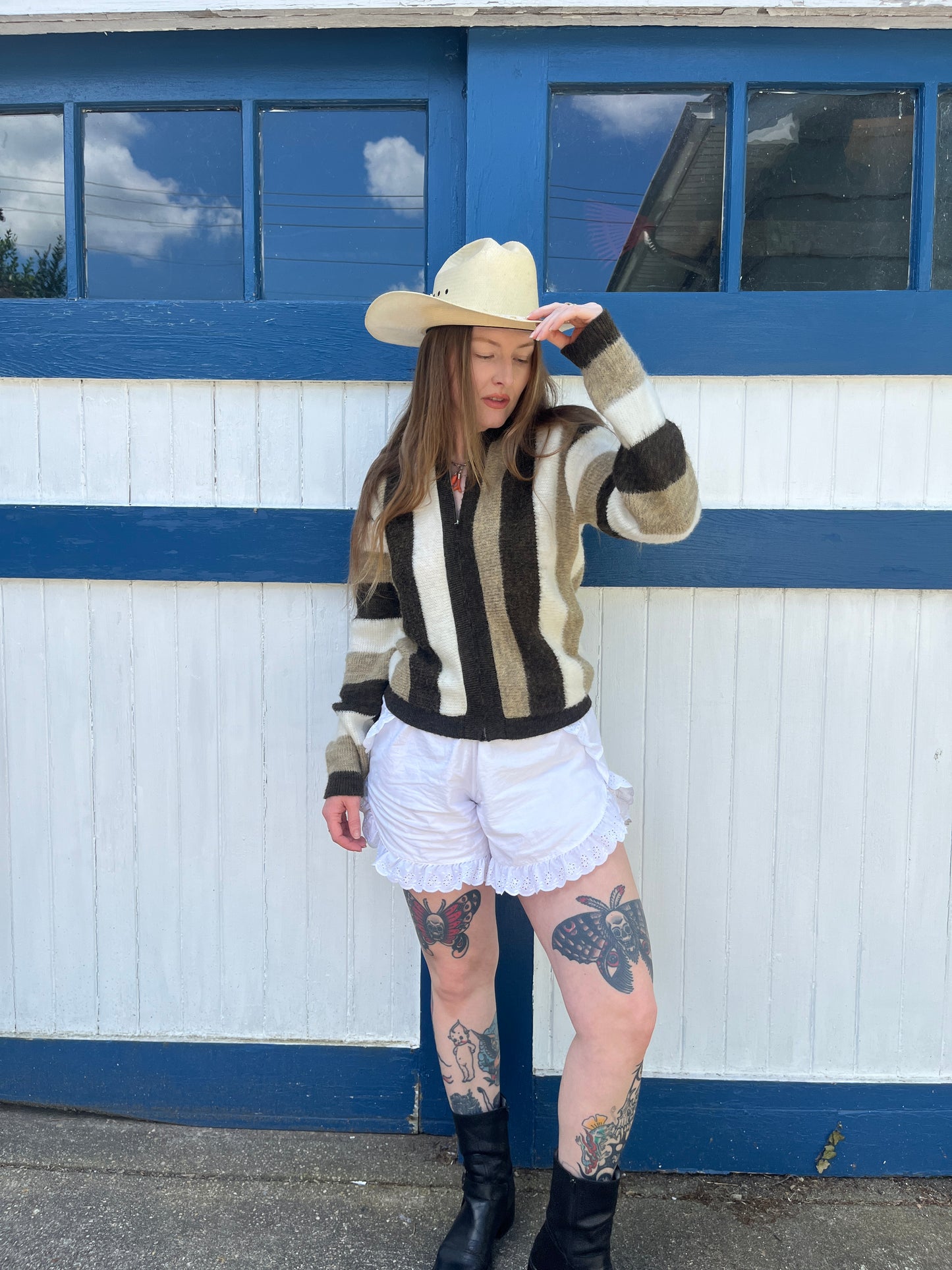 Vintage 1960s Brown Thick Striped Zip Up Shaggy Sweater