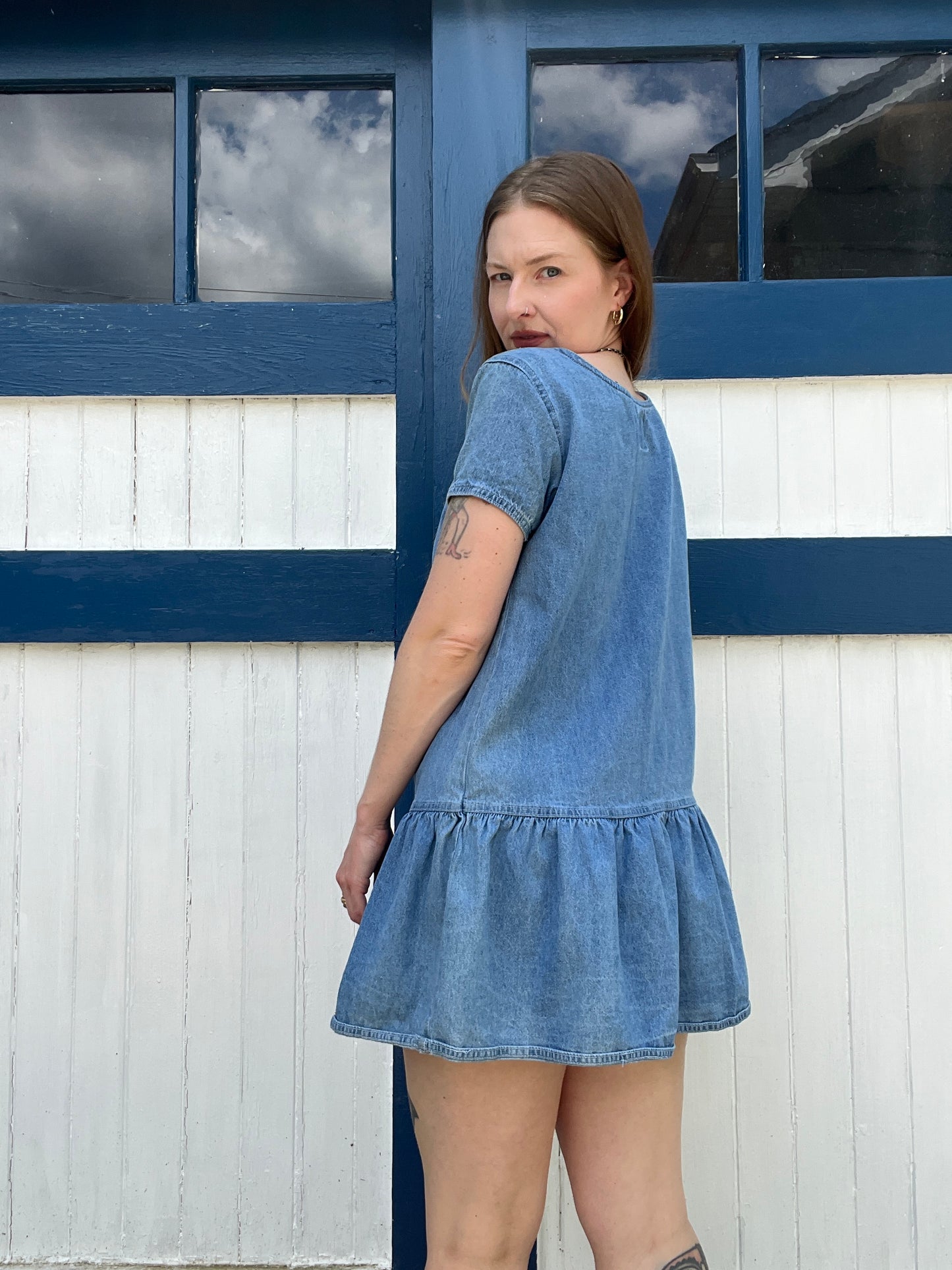 Vintage 1980s Babydoll Denim Dress with Lace