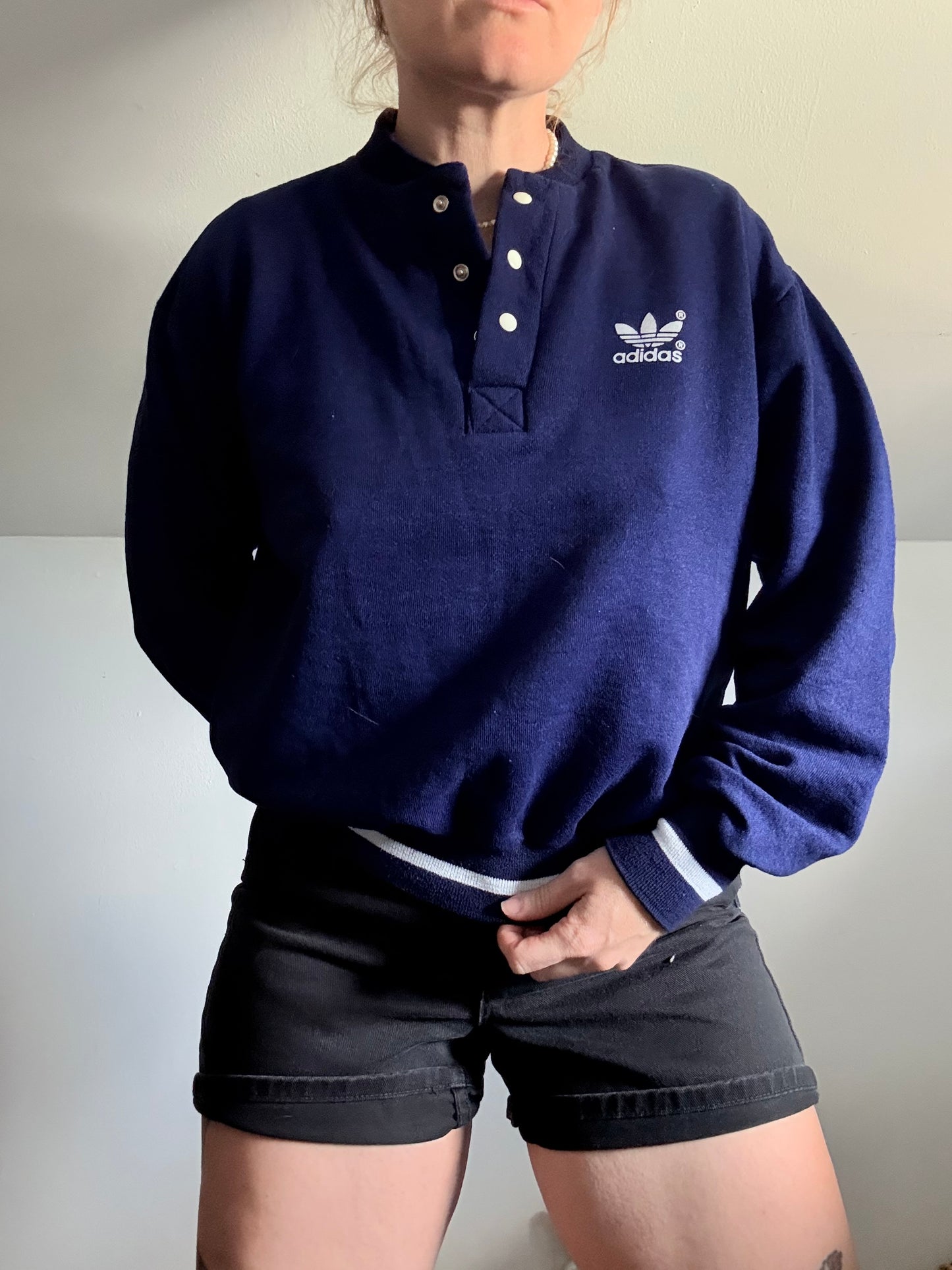 1980s ADIDAS Blue Quarter Button Sweat Shirt