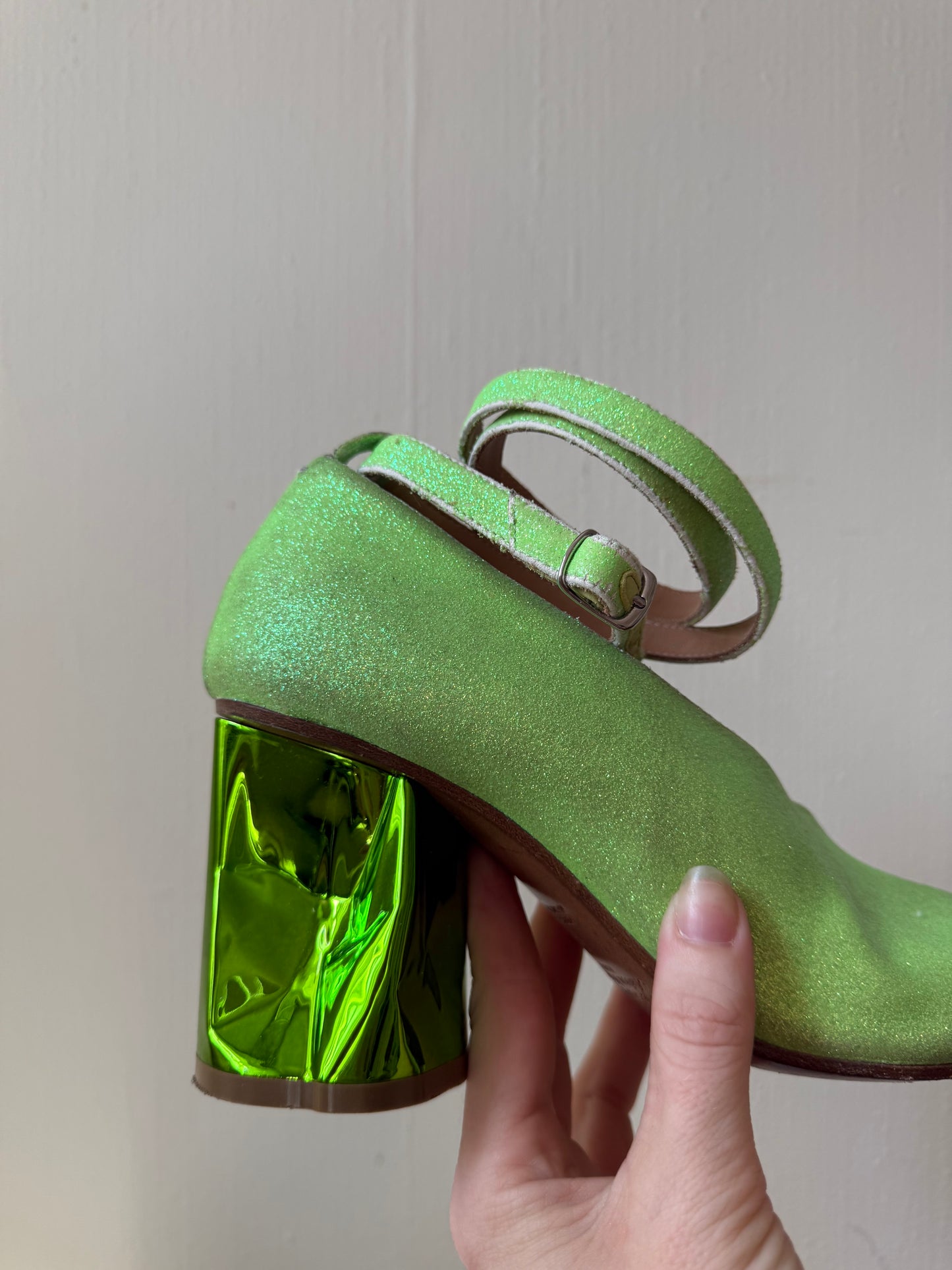 Maison Margiela Green Sparkly Dented Heel Lace Up Heels