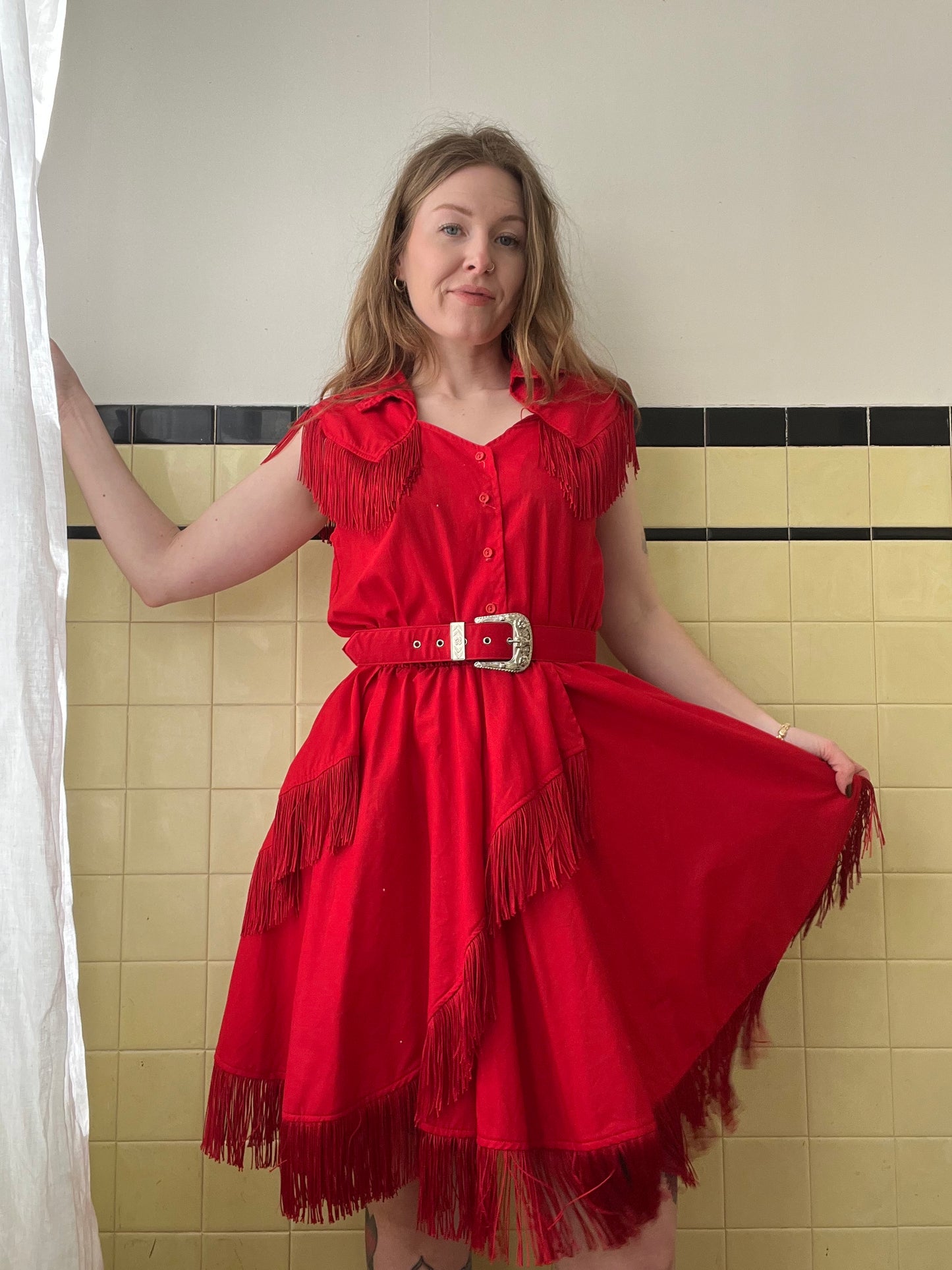 1980s Red Fringe Cowgirl Dress