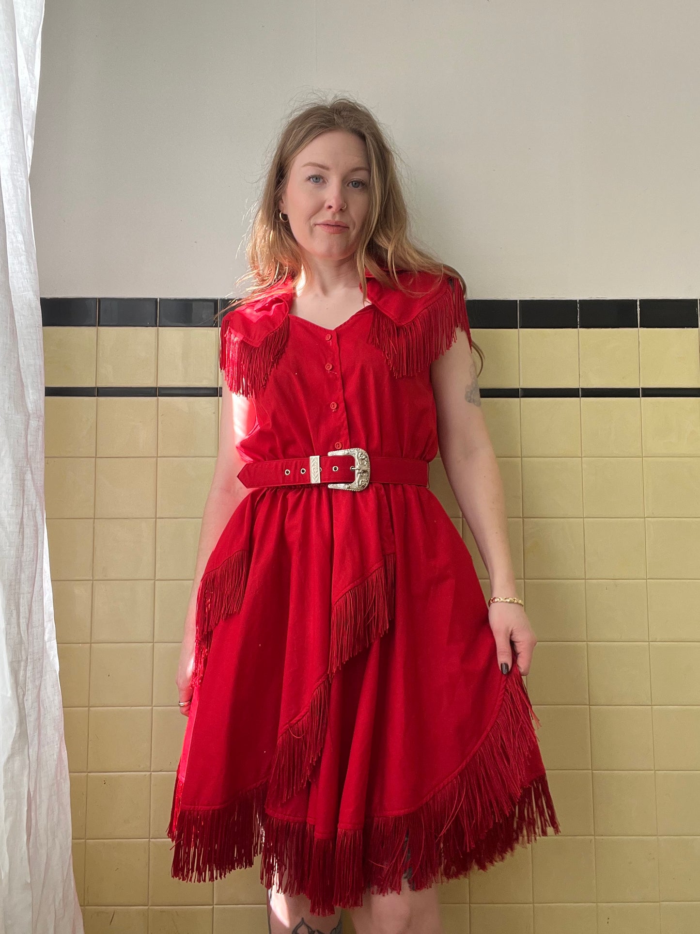 1980s Red Fringe Cowgirl Dress
