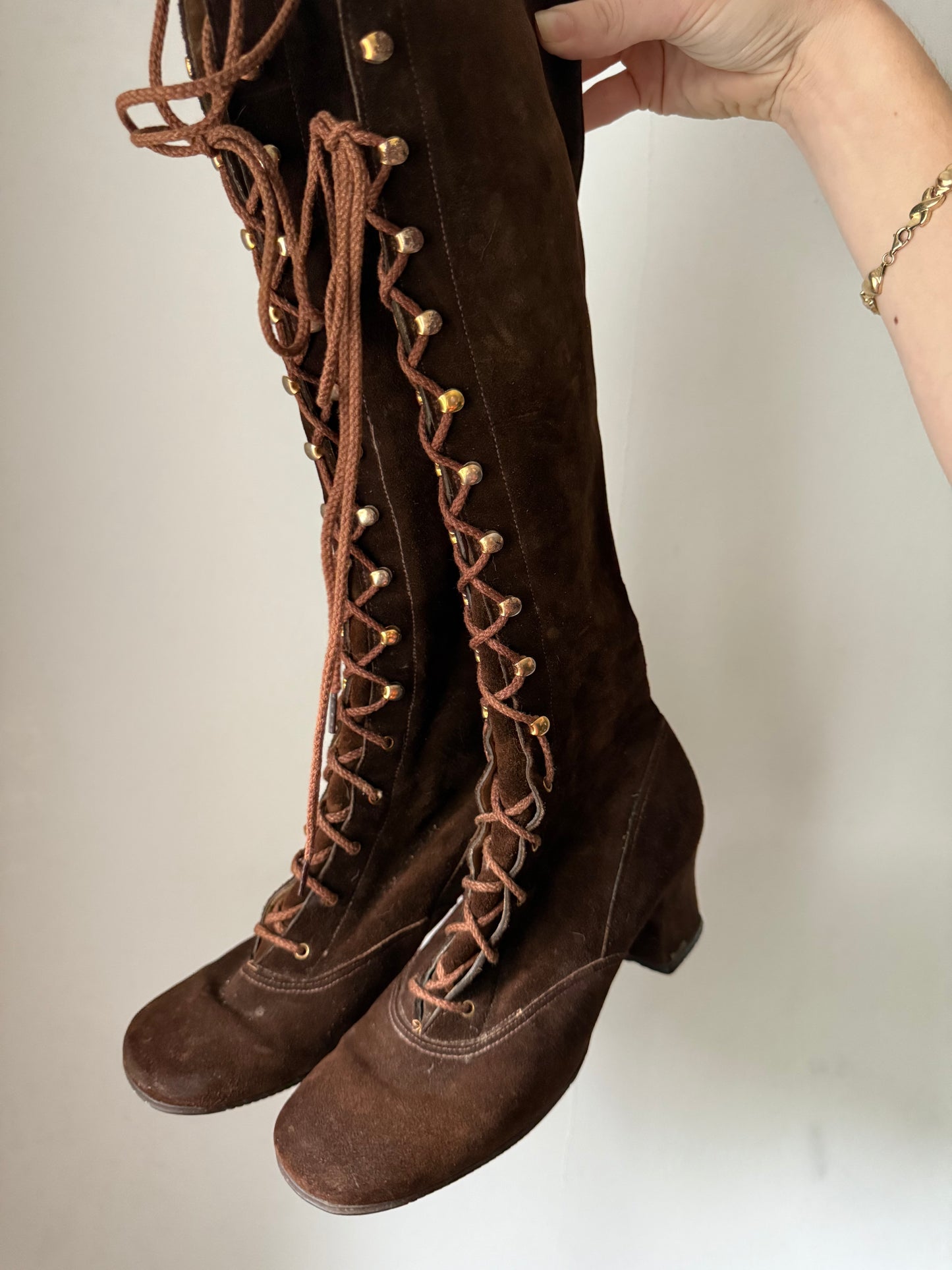 1970s Lace Up Tall Brown Boots 6