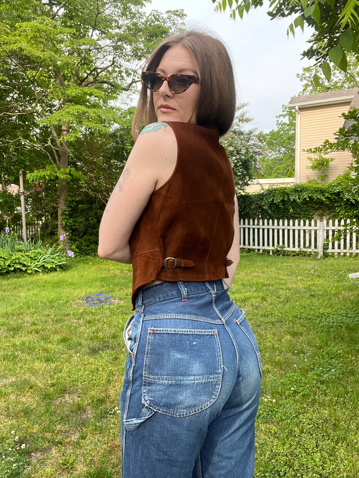 1930s 1940s Buckle Back Suede Zip Up Vest