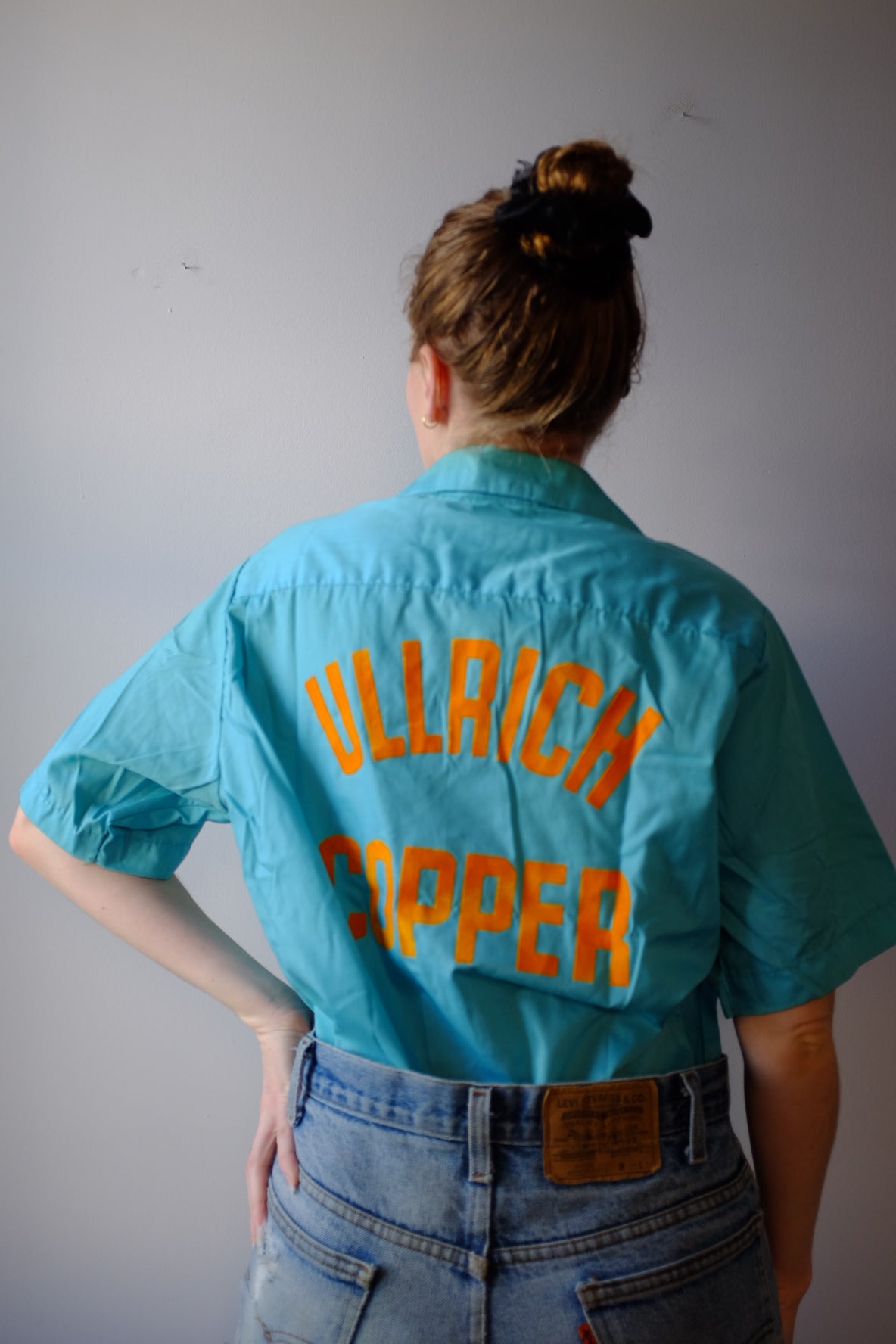 1970s Turquoise Bowling Button Up L