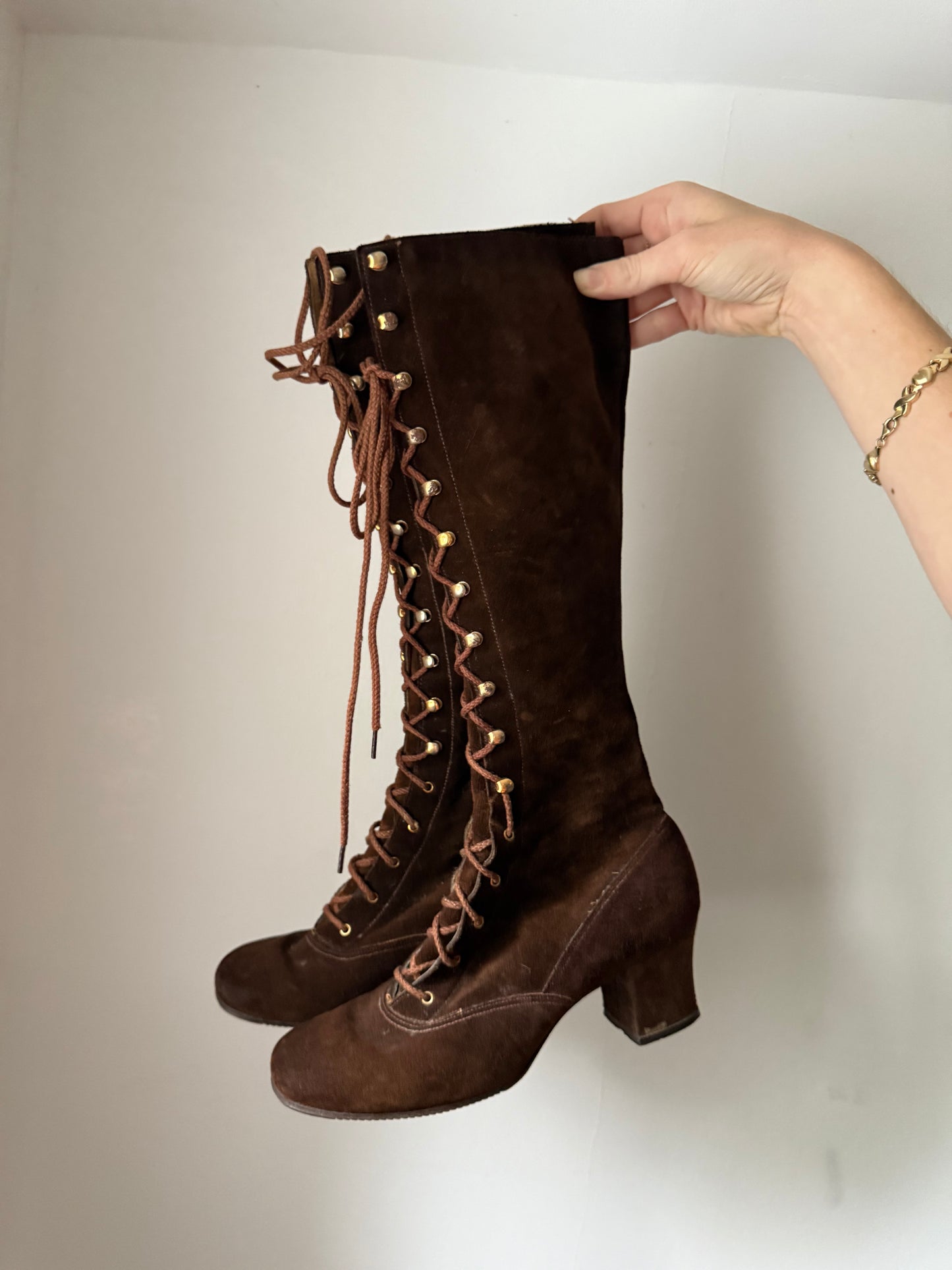 1970s Lace Up Tall Brown Boots 6