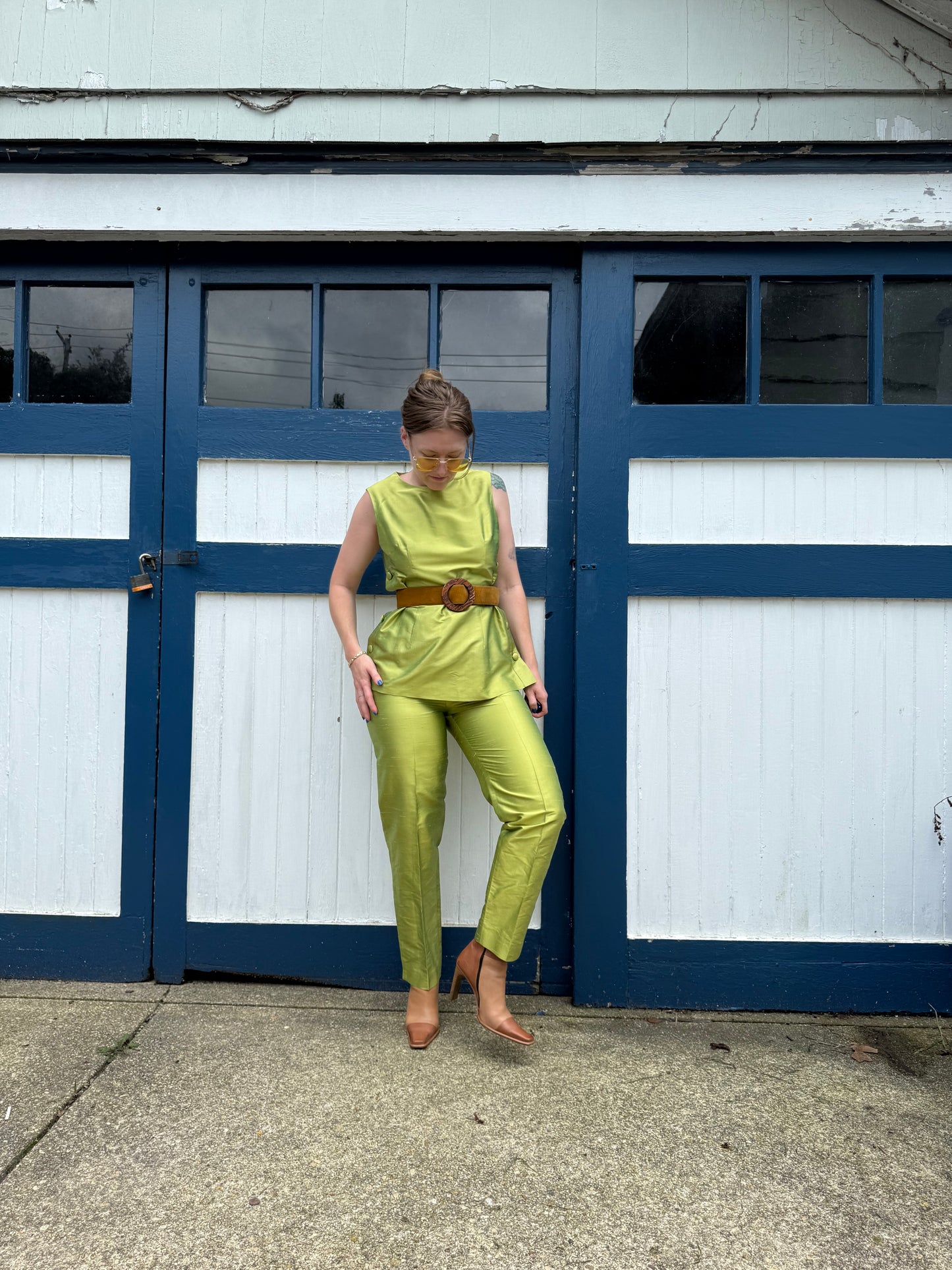100% Silk Green 2 Piece Set 1990s