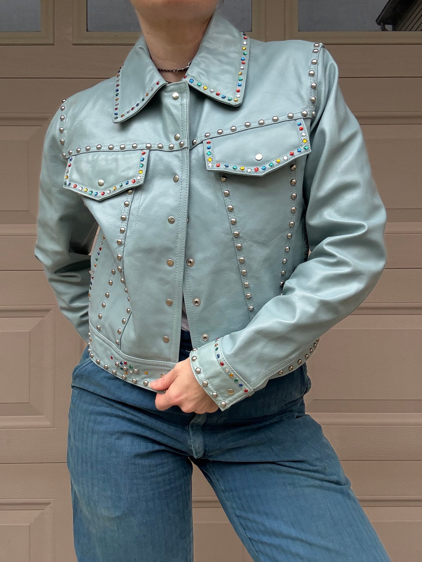 1990s Wilson’s Maxima Blue Studded Leather Jacket