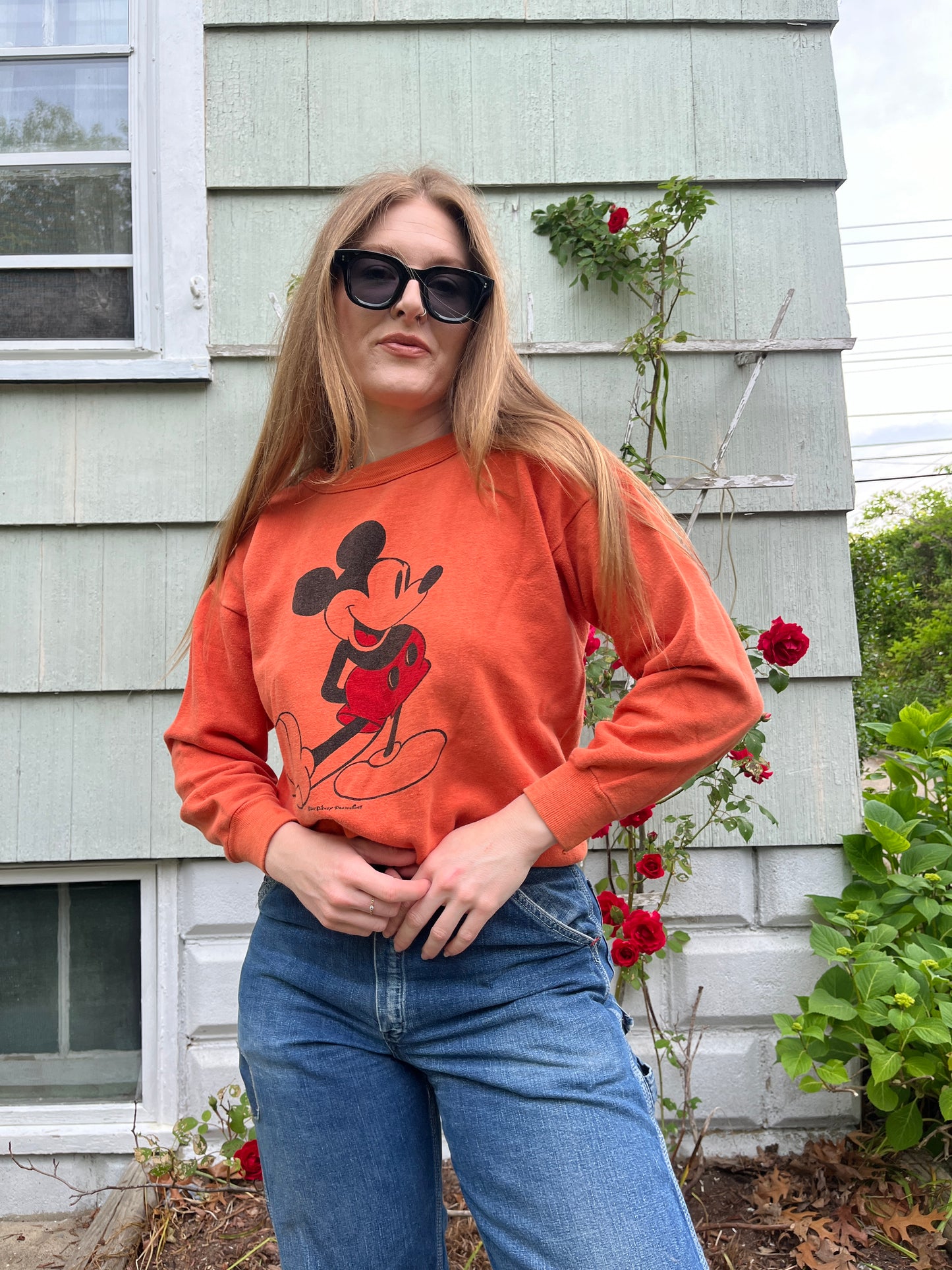 1960s 1970s Orange Mickey Crew Neck L