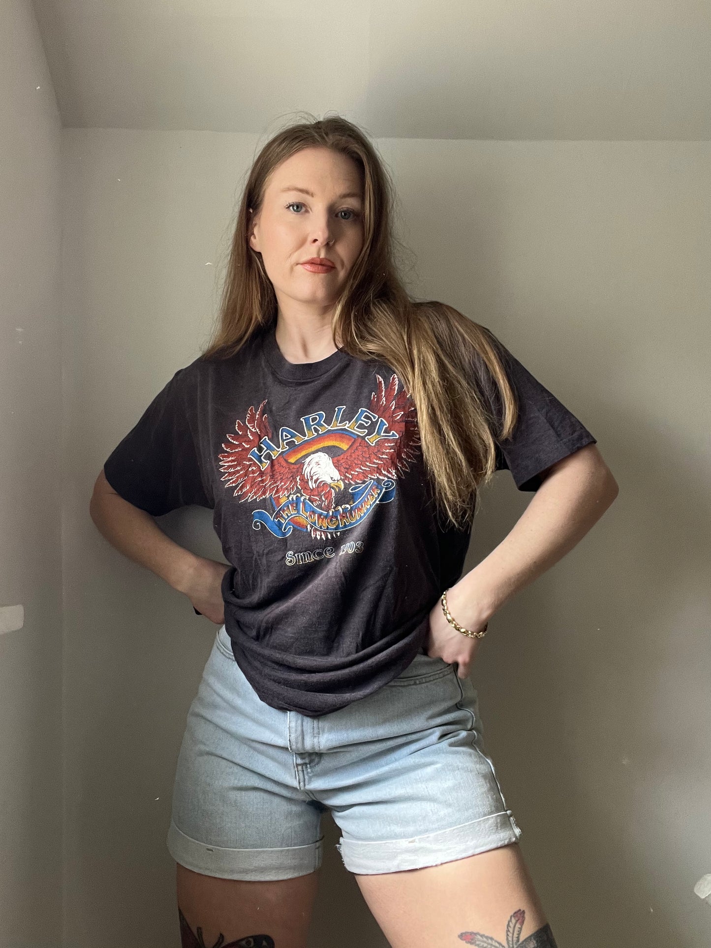 1980s Harley Davidson 1903 Long Runner Eagle Tee L