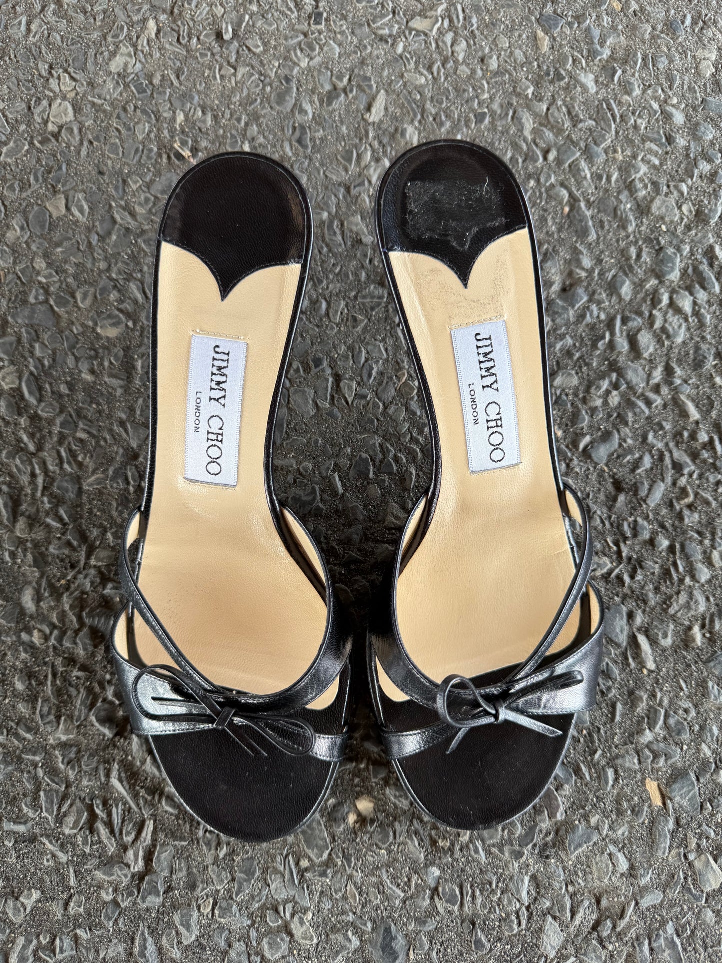 Jimmy Choo Black Leather Kitten Heels with Bow 37.5 & Silk and Wooden Vintage Heels 9