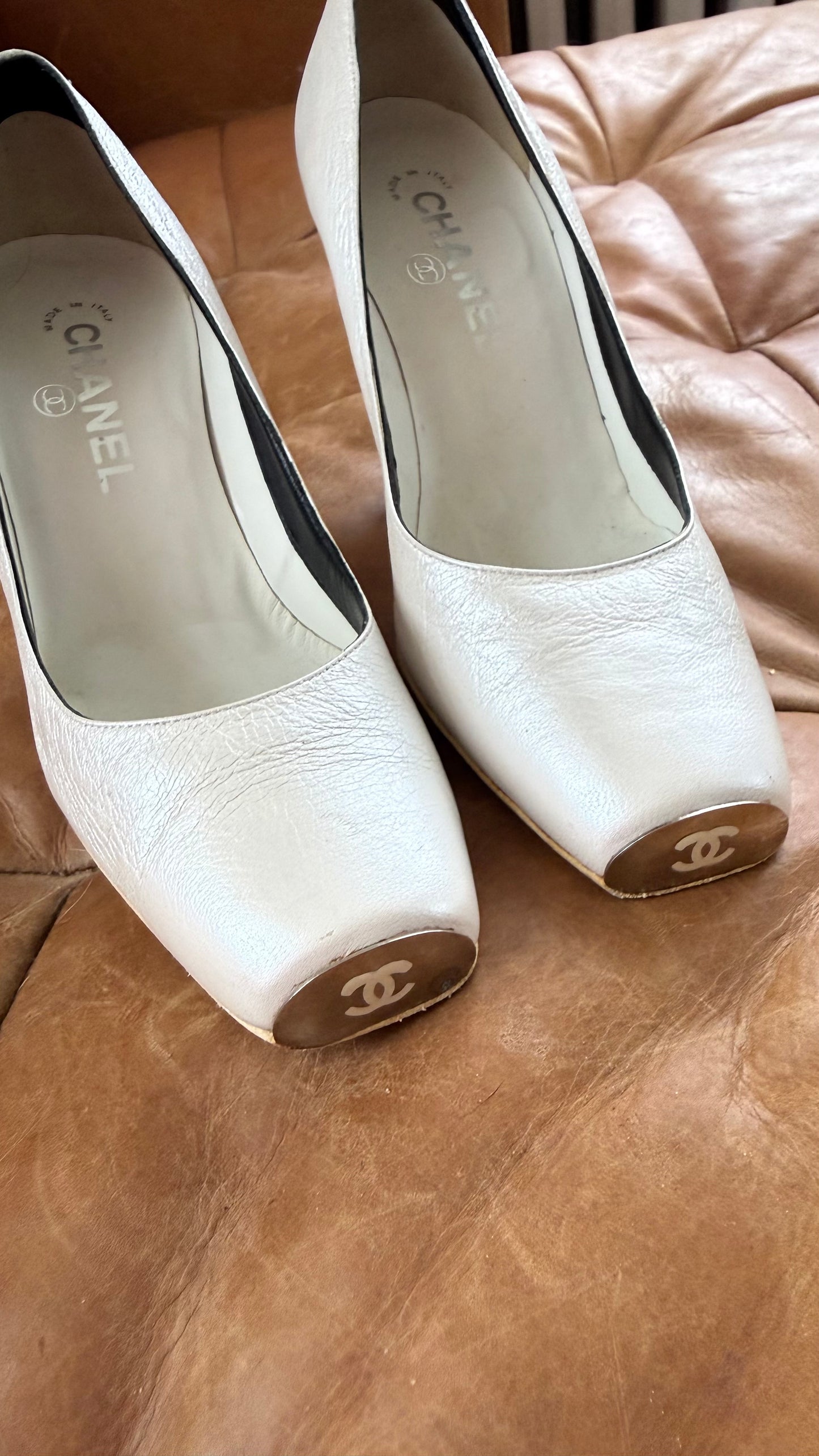 White Chanel Pumps with Metal Toe Box 36.5