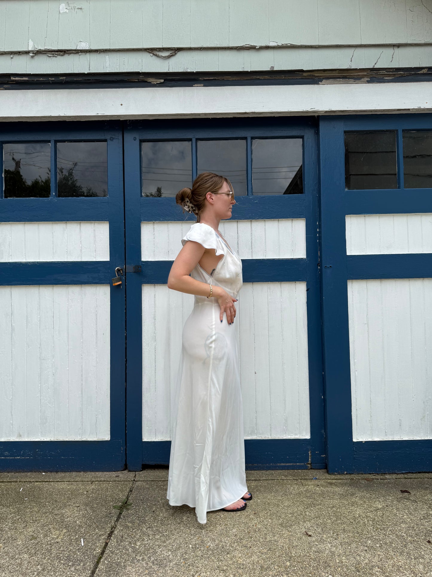 1940s 100% Rayon White & Light Blue Slip Dress L/XL
