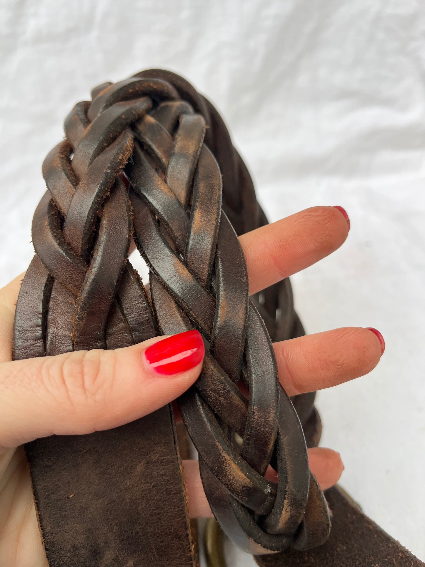 Double RL Ralph Lauren Brown Leather Braided Ring Belt 30”-40”
