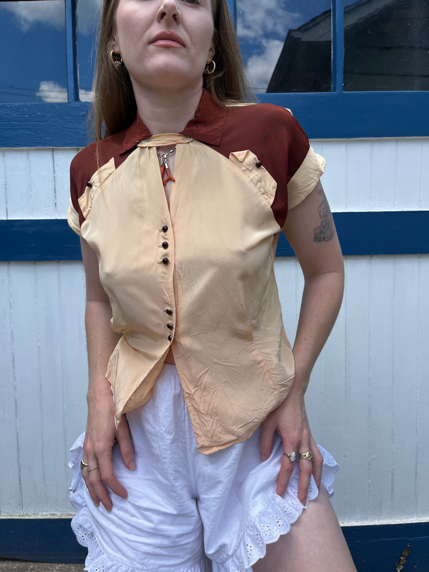 Vintage 1930s 1940s Rayon Rust Brown Button Up Women's Blouse