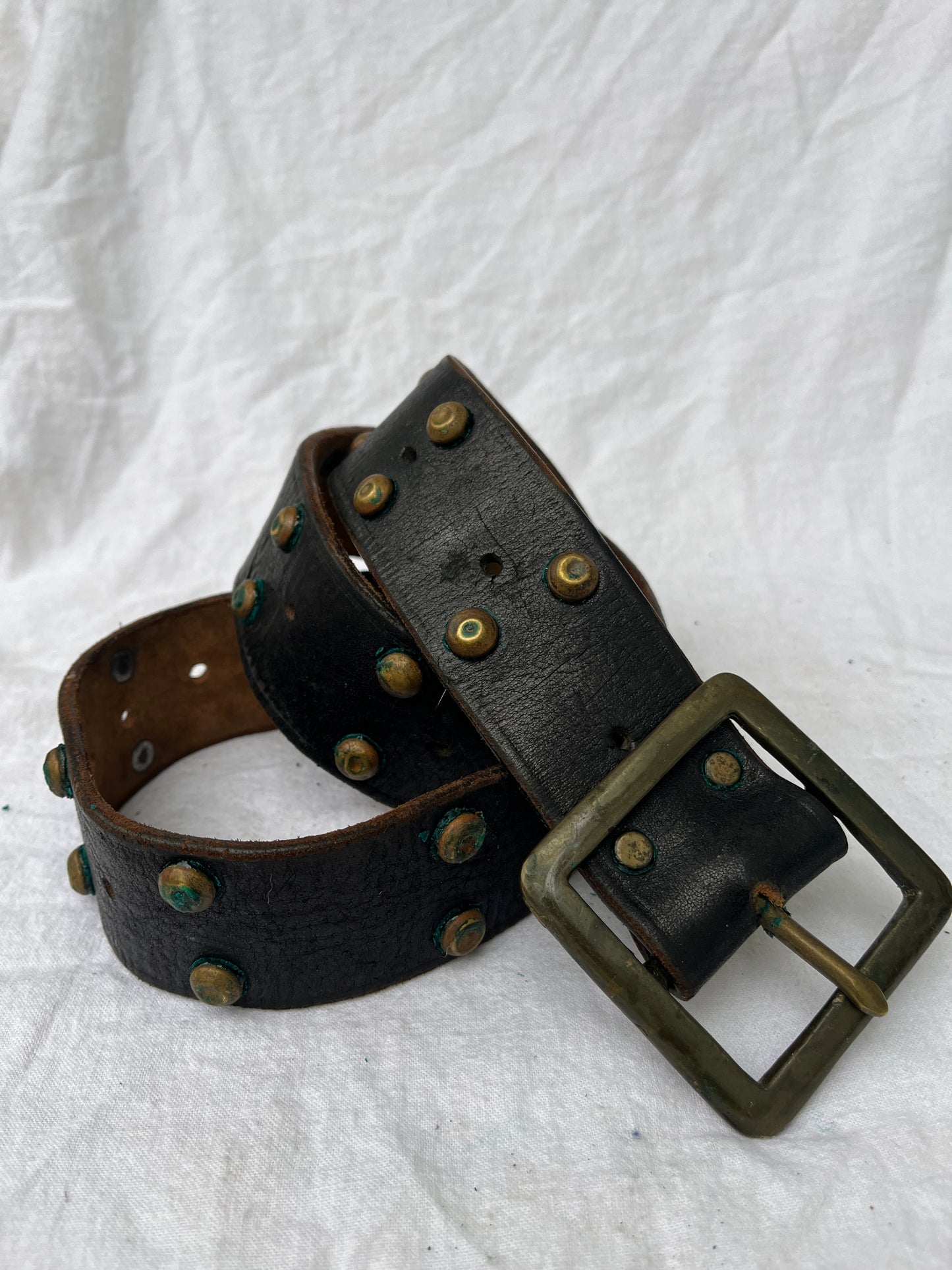 Black Leather Brass Studded Belt 32”-36”