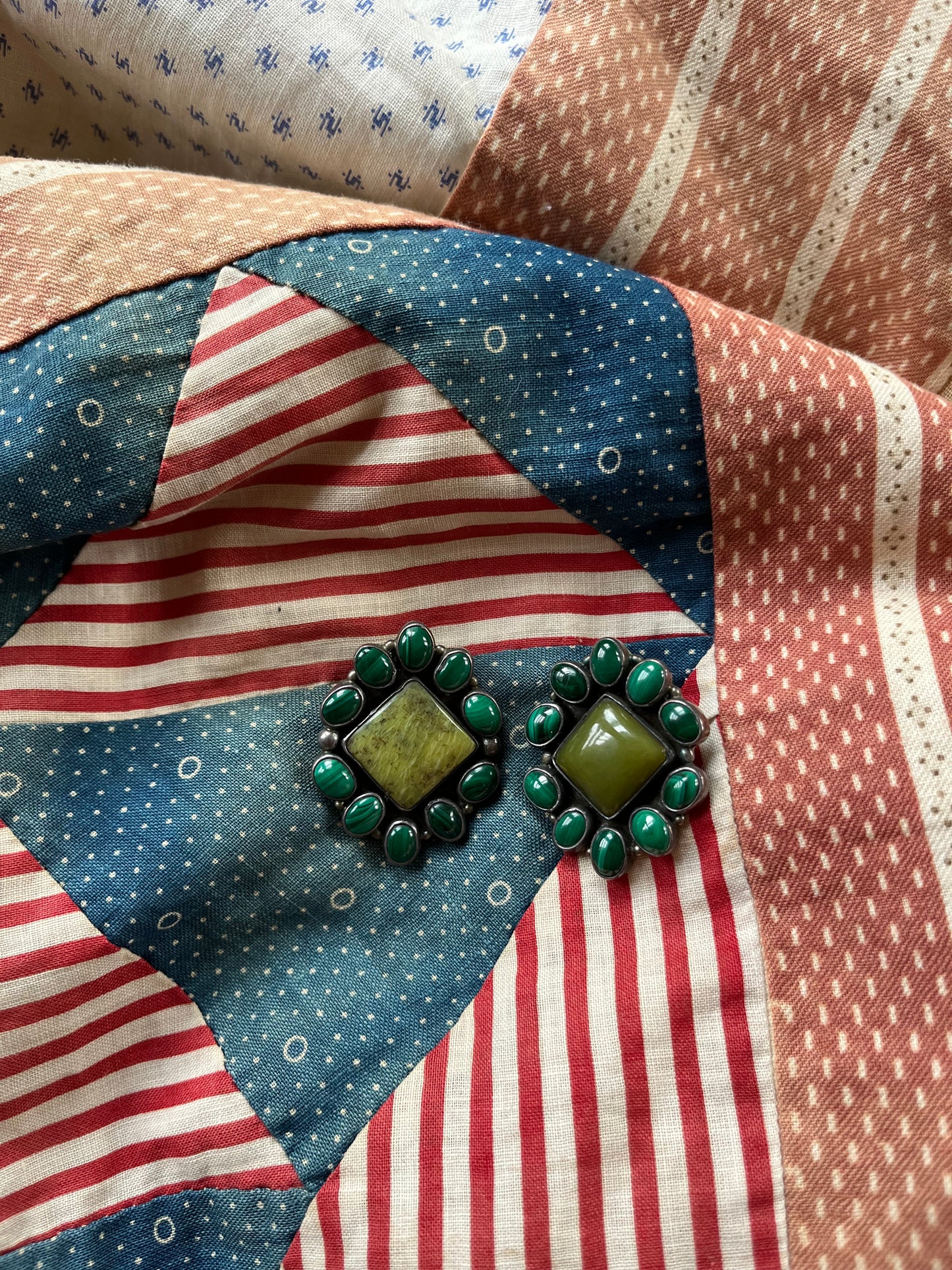 Vintage Malachite & Turquoise Silver Earrings