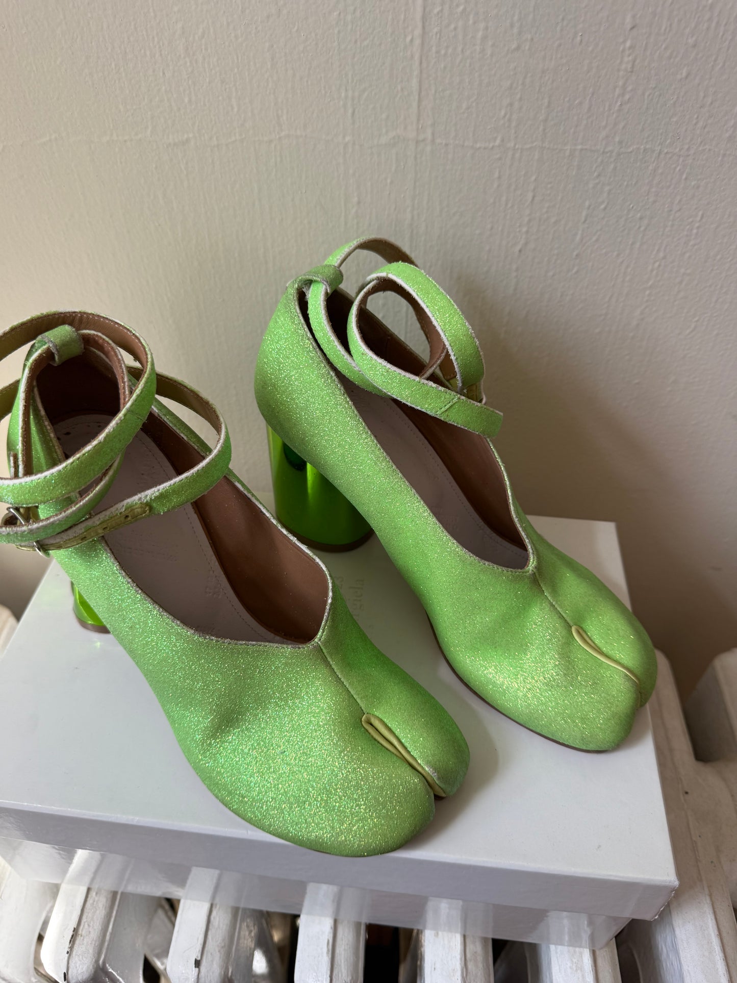 Maison Margiela Green Sparkly Dented Heel Lace Up Heels