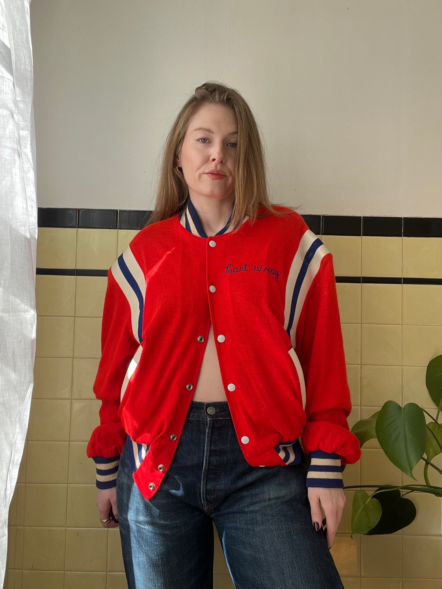 1960's Red Button Up Embroidered Jacket Weatherfield England