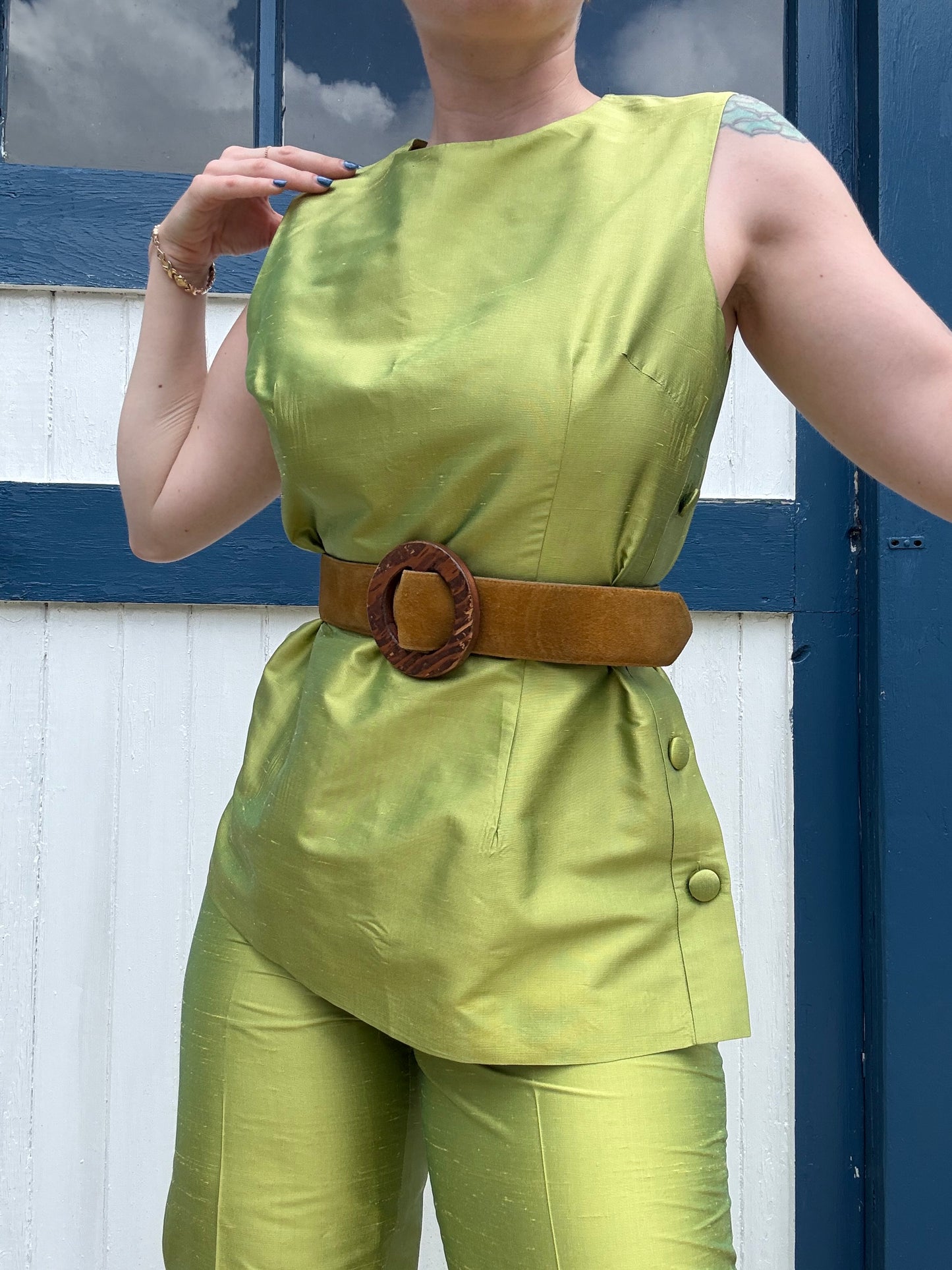 100% Silk Green 2 Piece Set 1990s