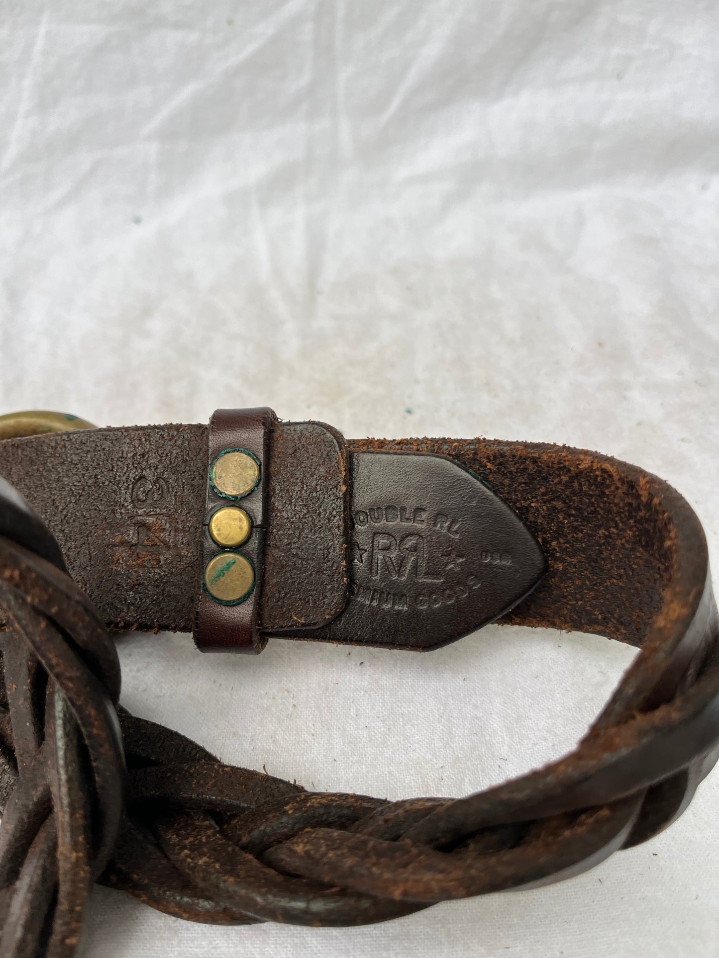 Double RL Ralph Lauren Brown Leather Braided Ring Belt 30”-40”