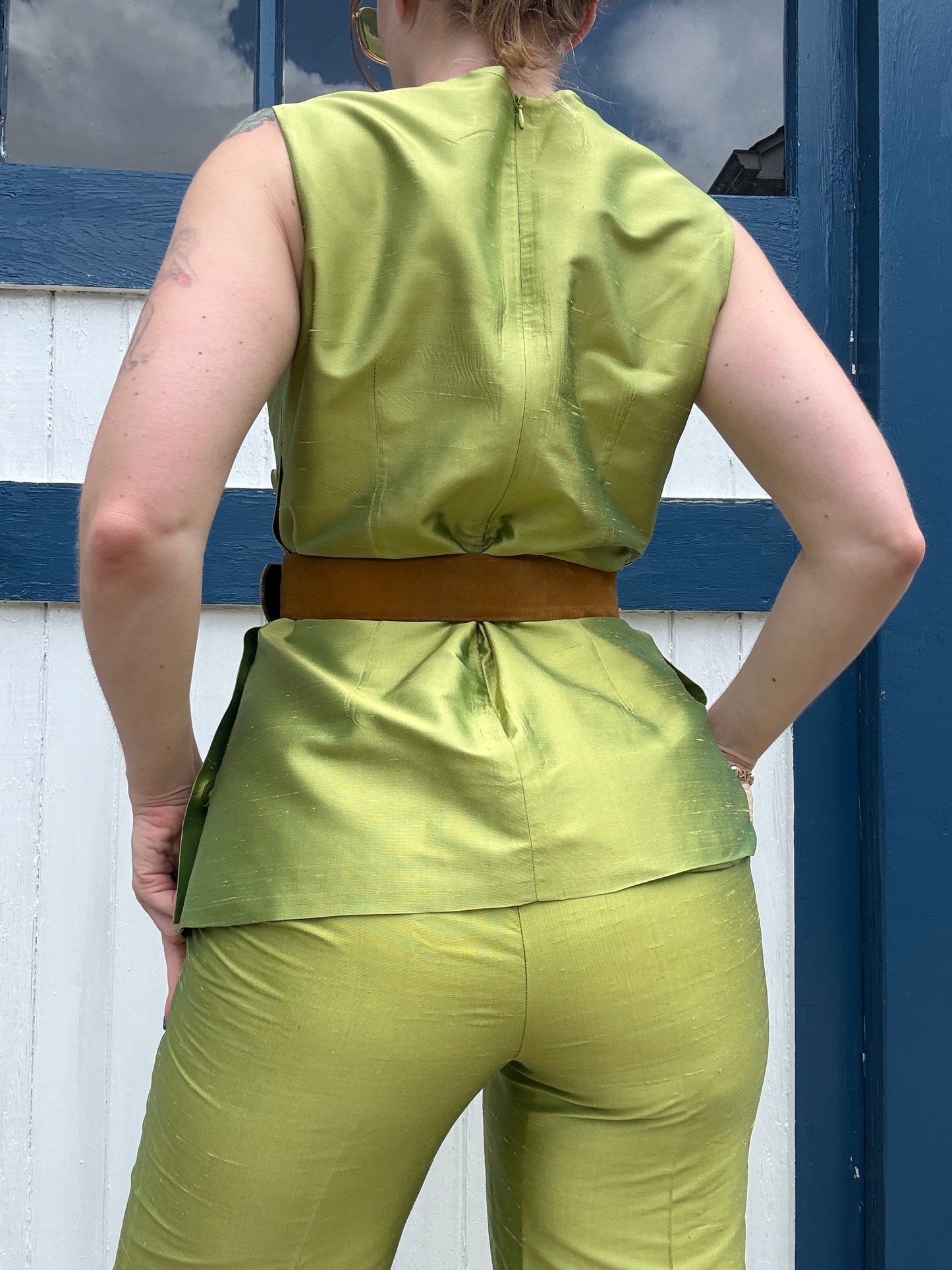 100% Silk Green 2 Piece Set 1990s