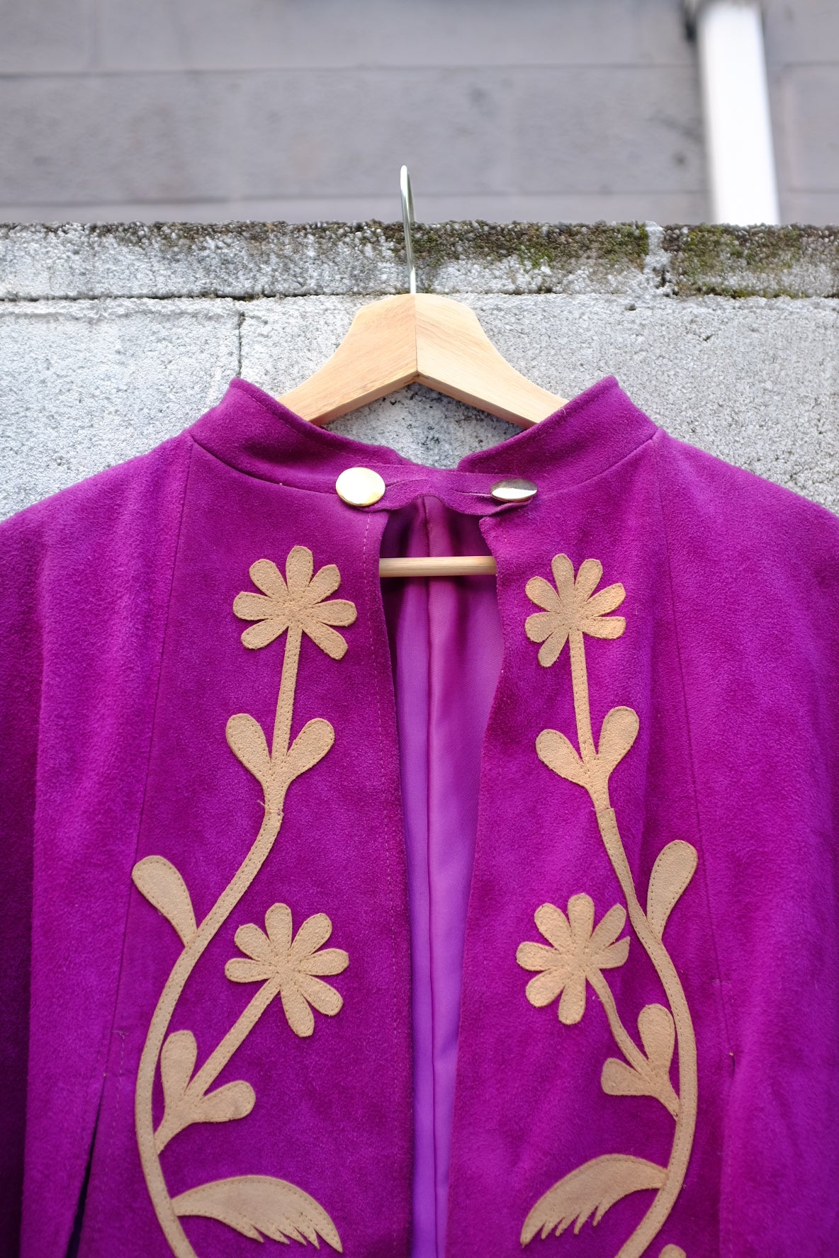 1970s Suede Purple Cape Floral Appliqué